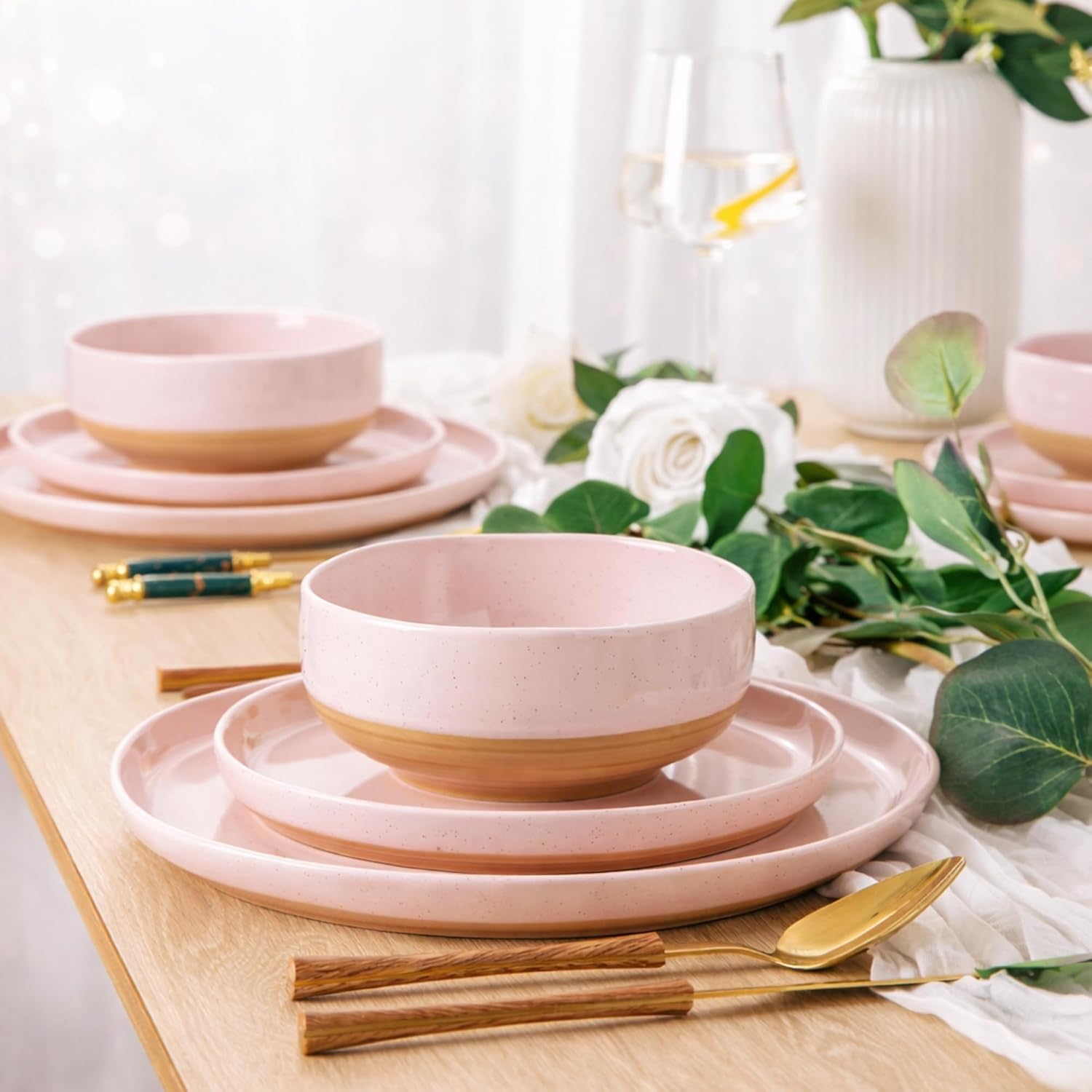 AmorArc Ceramic Dinnerware Sets for 4, 12 Pieces Handpainted Plates and Bowls Set with Rustic Terracotta Underside, Scratch Resistant Stoneware Dishes Set, Dishwasher & Microwave Safe, Cloud Pink