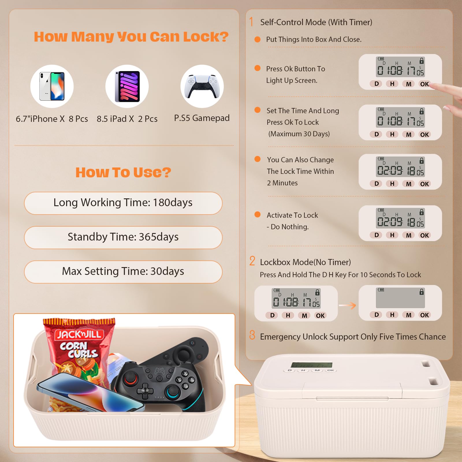 Safe Timed Lock Box,Time Locked Boxes with Emergency Unlock,Self-Control Lockable Storage Box,Phone Lock Box with Timer Unplug from Phones,Video Games,Social Media,Snacks - Image 4