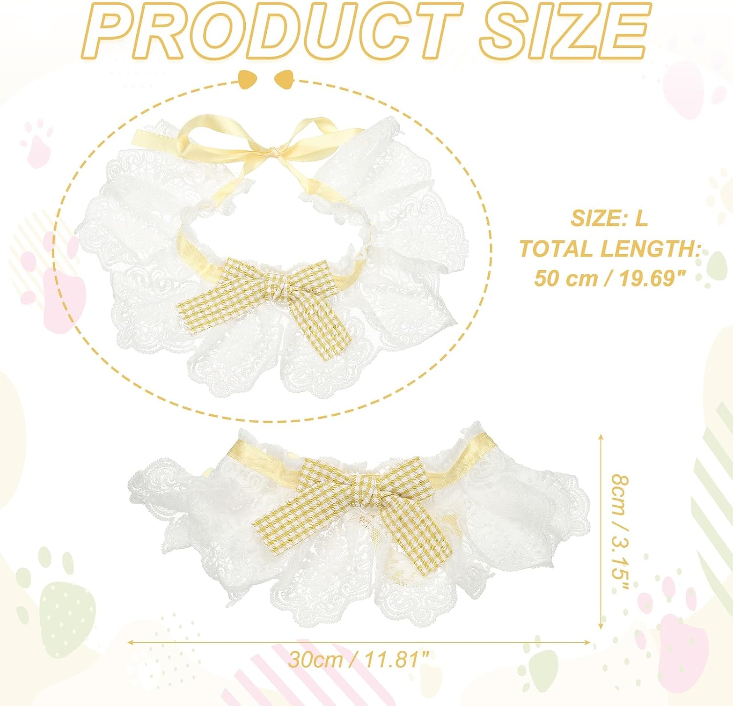 Cat Lace Pet Collar, Cute Cat Collar Dog Bibs Pet Bowtie Plaid Bandana Adjustable and Breakaway Yellow & l - Fitting for (Dogs/Kitten/Small Puppies Dress Up) image 2