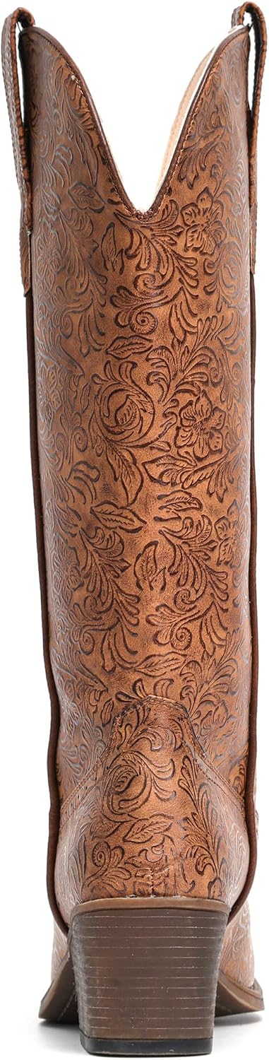 IUV Cowboy Boots For Women Mid Calf Western Cowgirl Boots with Chunky Heel Pointy Toe Boots