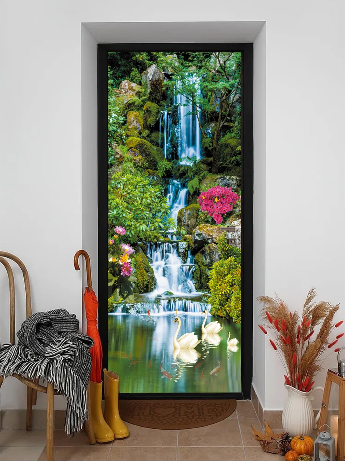 Revêtement de porte trompe l'œil 3D cygne cascade haute définition