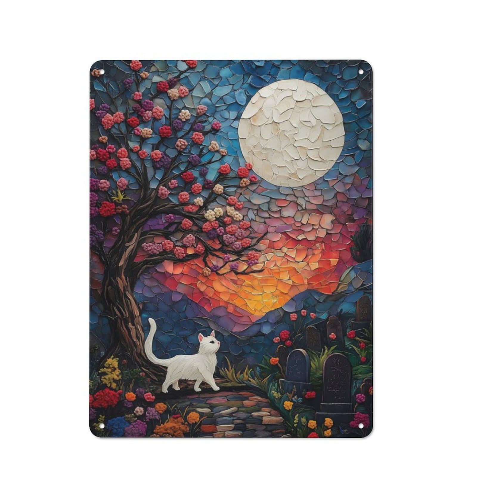 Junmoney White Moonlight Cat Retro Metal Wall Sign 40X30cm For Guest Room Or Hallway, New-Space Wall Decor For Home Decor Collectors
