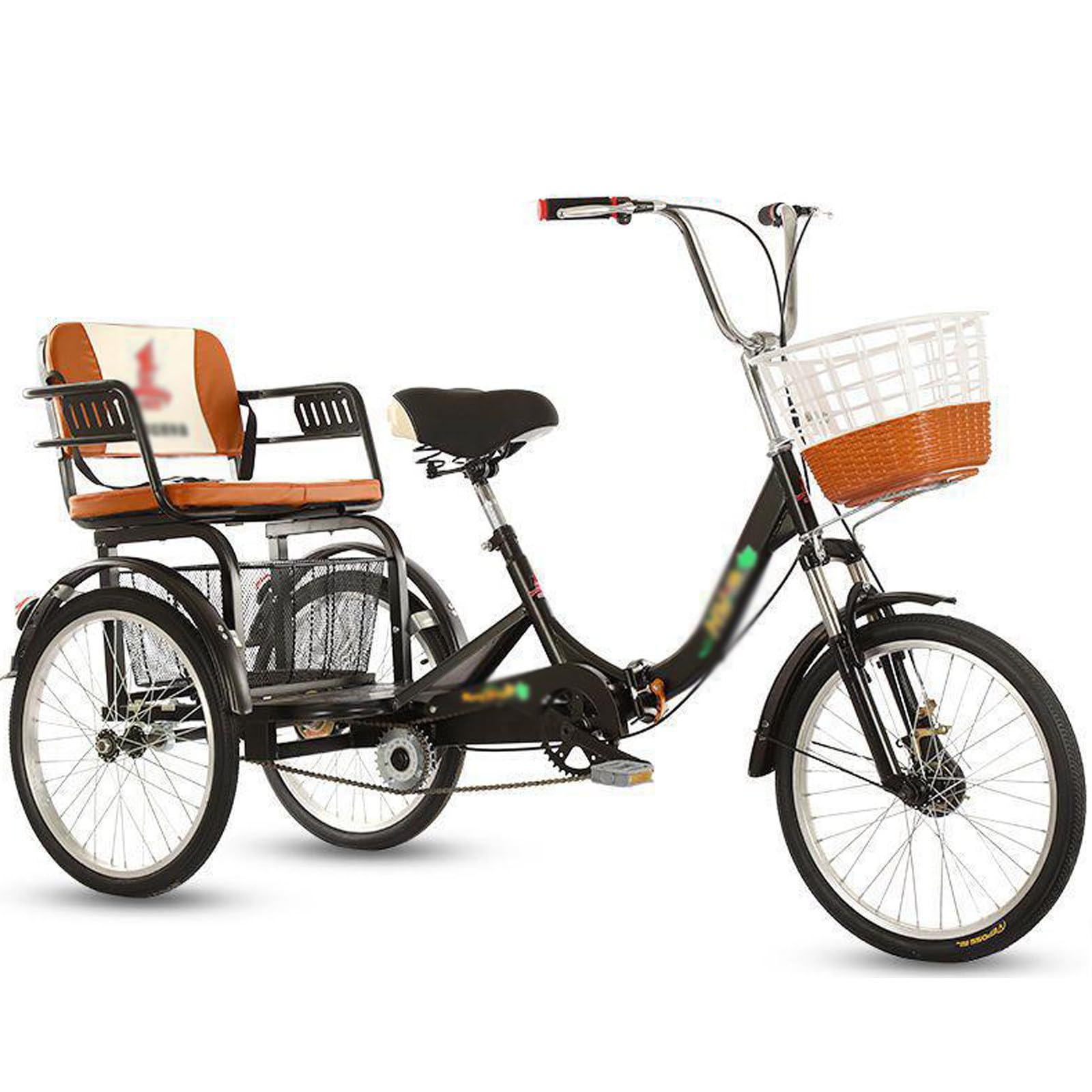 Triciclo per Adulti da 20 Pollici,Bicicletta da Crociera a Tre Ruote, con Cestino della Spesa,Telaio Pieghevole,Comodi Sedili Posteriori,Doppia Catena,Triciclo per Adulti a Due Posti,Black