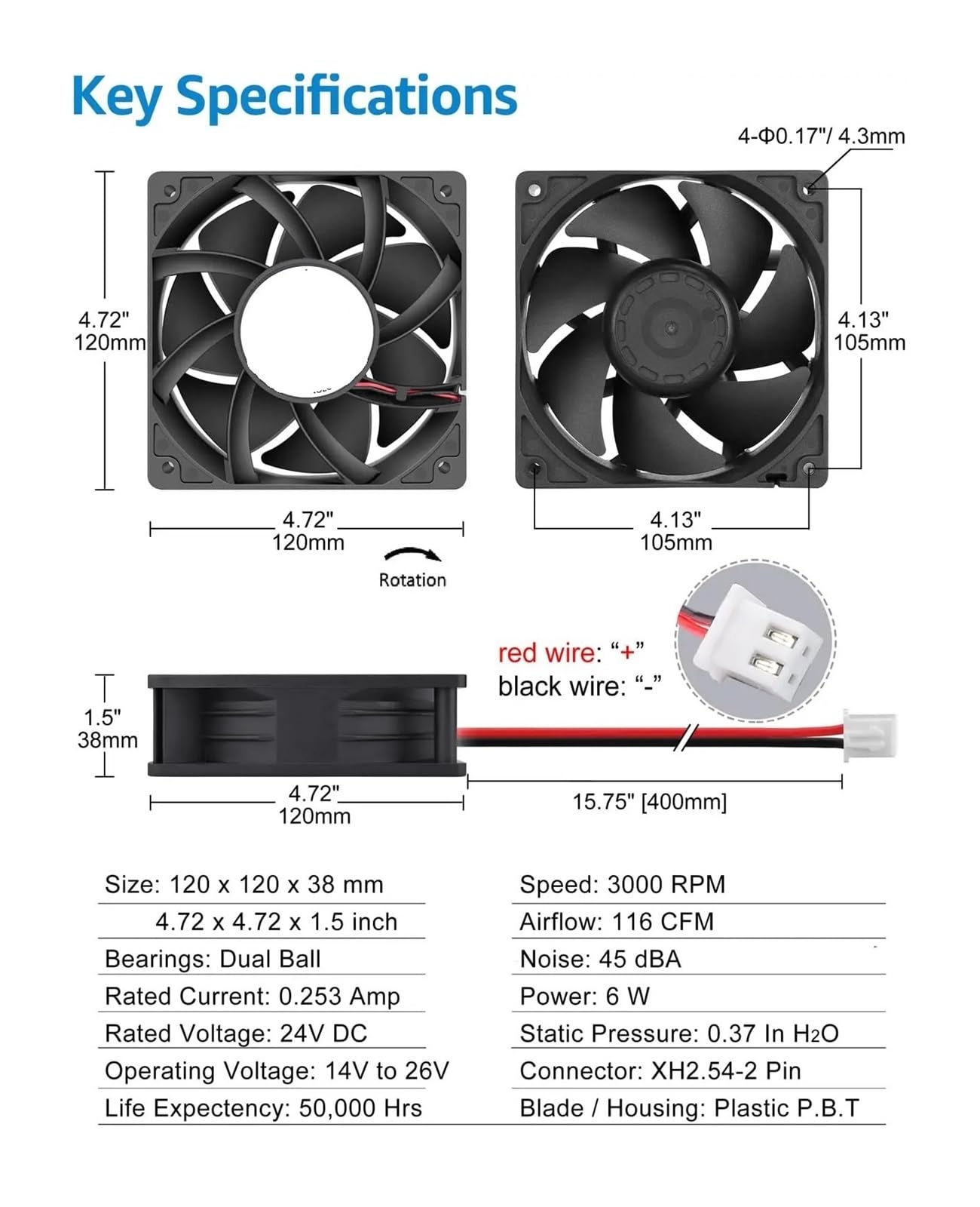 Wentylator 120 mm X 38 mm, stopień ochrony IP67, duży przepływ powietrza, podwójne łożysko kulkowe, mocny bezszczotkowy silnik prądu stałego