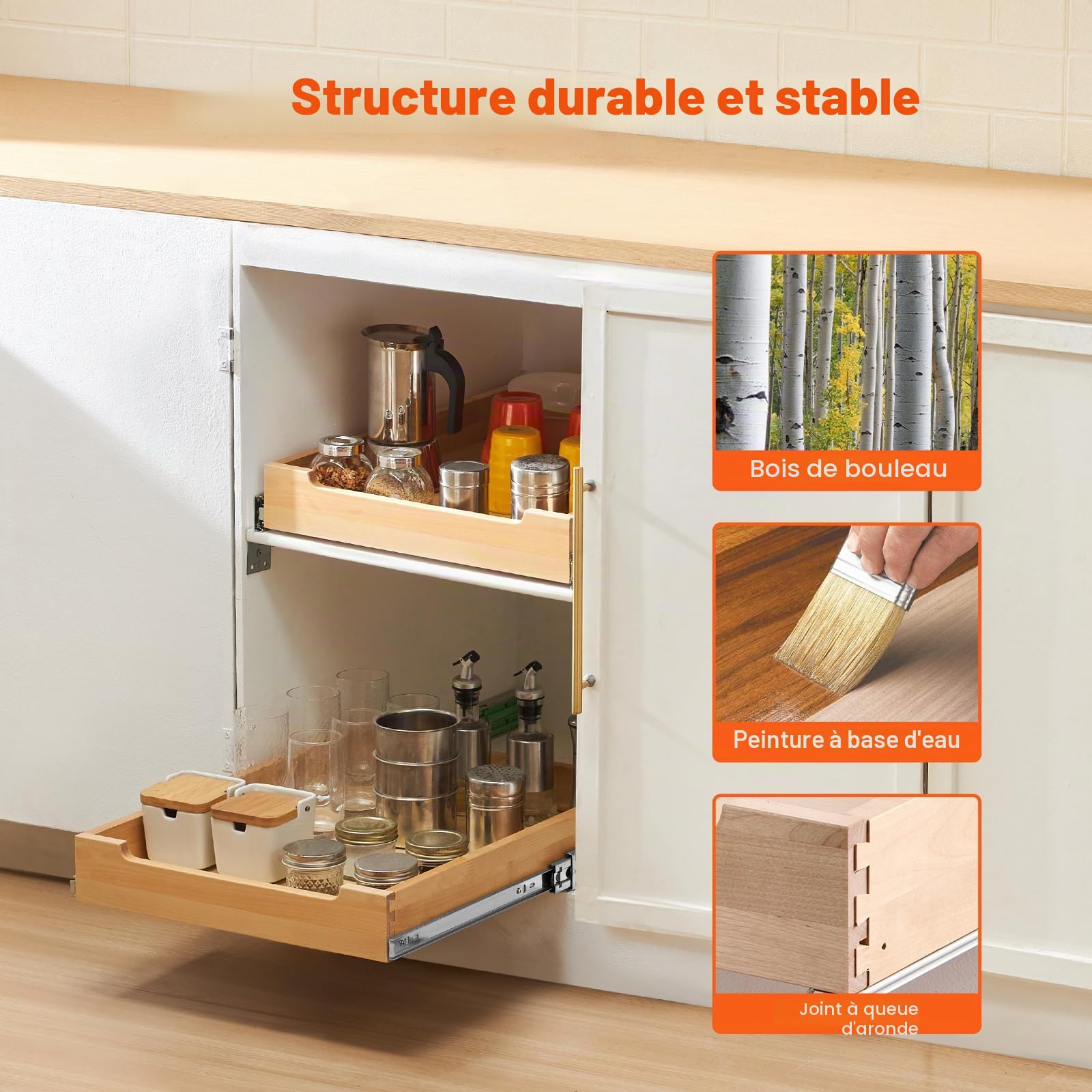 VEVOR Organiseur d'armoire coulissant 432 x 533 mm, tiroir coulissant cuisine en bois, étagère coulissante à fermeture douce, assemblage inférieur et latéral, pour cuisine, garde-manger, salle de bain