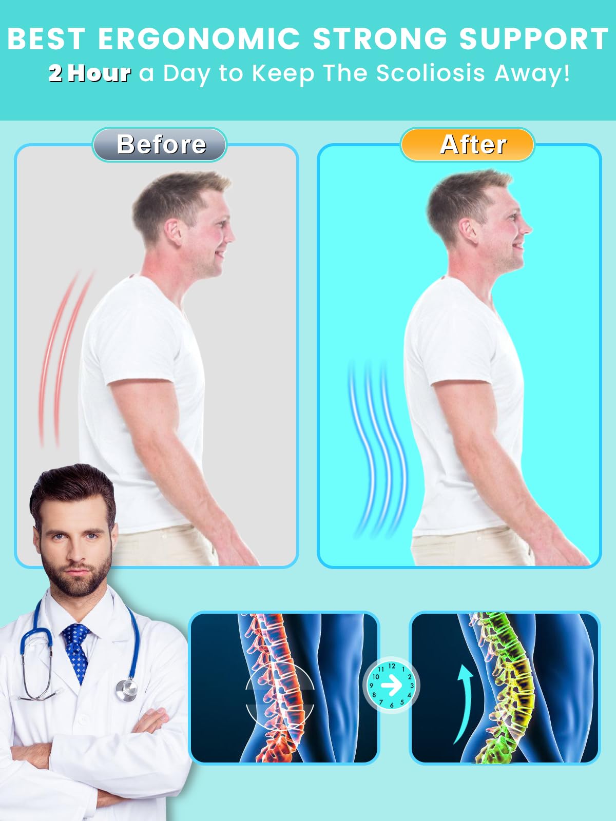 SYXUPAP Fascia Lombare Posturale, Regolazione della Fascia Schiena per Uomini e Donne, Posturale Cintura Lombare Utilizzare per Sport, XL