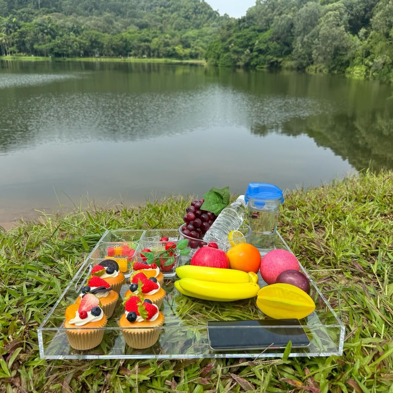 Clear extra large Ottoman Tray with Handles 18"x18"x2" Spill proof Acrylic Serving Tray Organizer Tray Decorative safe edge tray For Living Room Entryway Bedroom Kitchen Coffee Table coutertop - Image 4