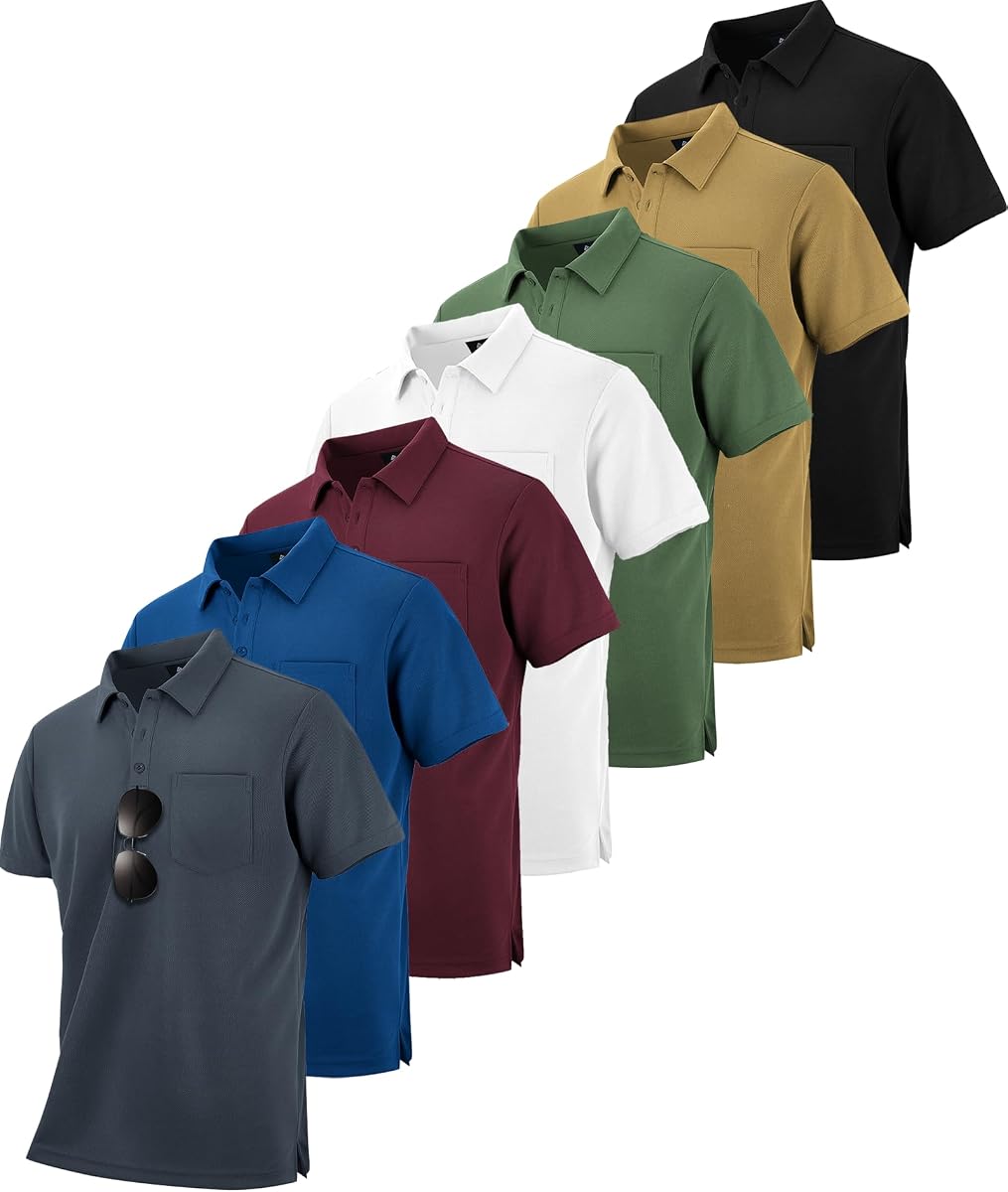 Paquete de 7 polos para hombre con bolsillo, camiseta de trabajo de golf de manga corta
