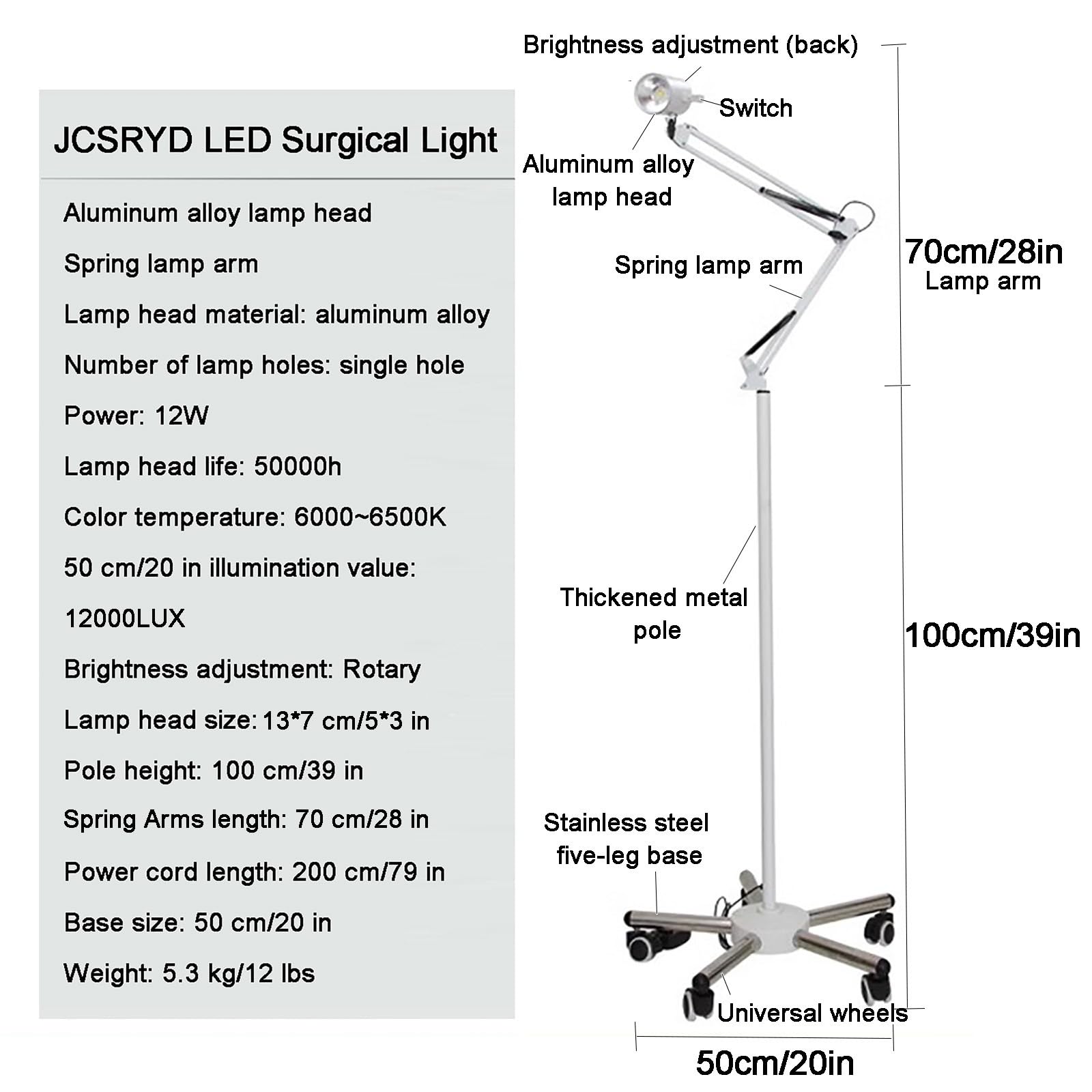 Lampada da Visita Chirurgica LED Dimmerabile da 12 W, Lampada a Luce Fredda Senza Ombre con Braccio Oscillante, Lampada per Visita Ginecologica per Chirurgia Otorinolaringoiatrica(13 * 7 cm/5 * 3 in)