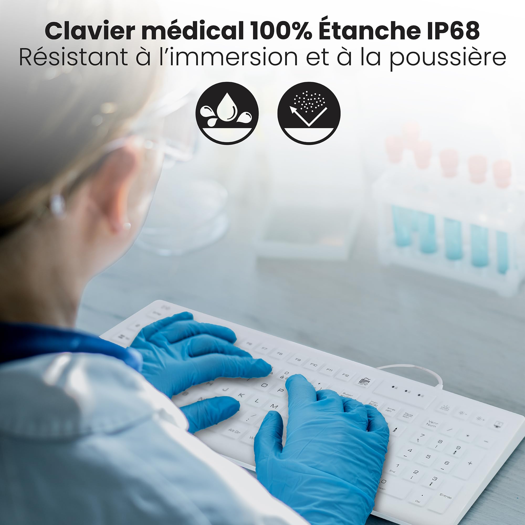 T'nB - Clavier Filaire Médical 100% Etanche certifié IP68, Résiste à l'eau et à la Poussière, Rétroéclairé, Layout Français AZERTY, Revêtement Silicone Facilement Nettoyable, Antibactérien- Blanc