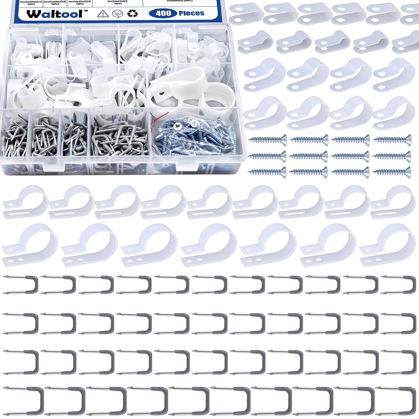 Waltool 400Pcs Cable Clamps Assortment Kit, 3/16'' 1/4'' 3/8'' 1/2'' 3/4'' 1'' R-Type Nylon Wire Clips Fastener, 0.56" 0.44” 0.41" 0.36" Insulated Cord Organizer Nail for Home Office (White) (White)