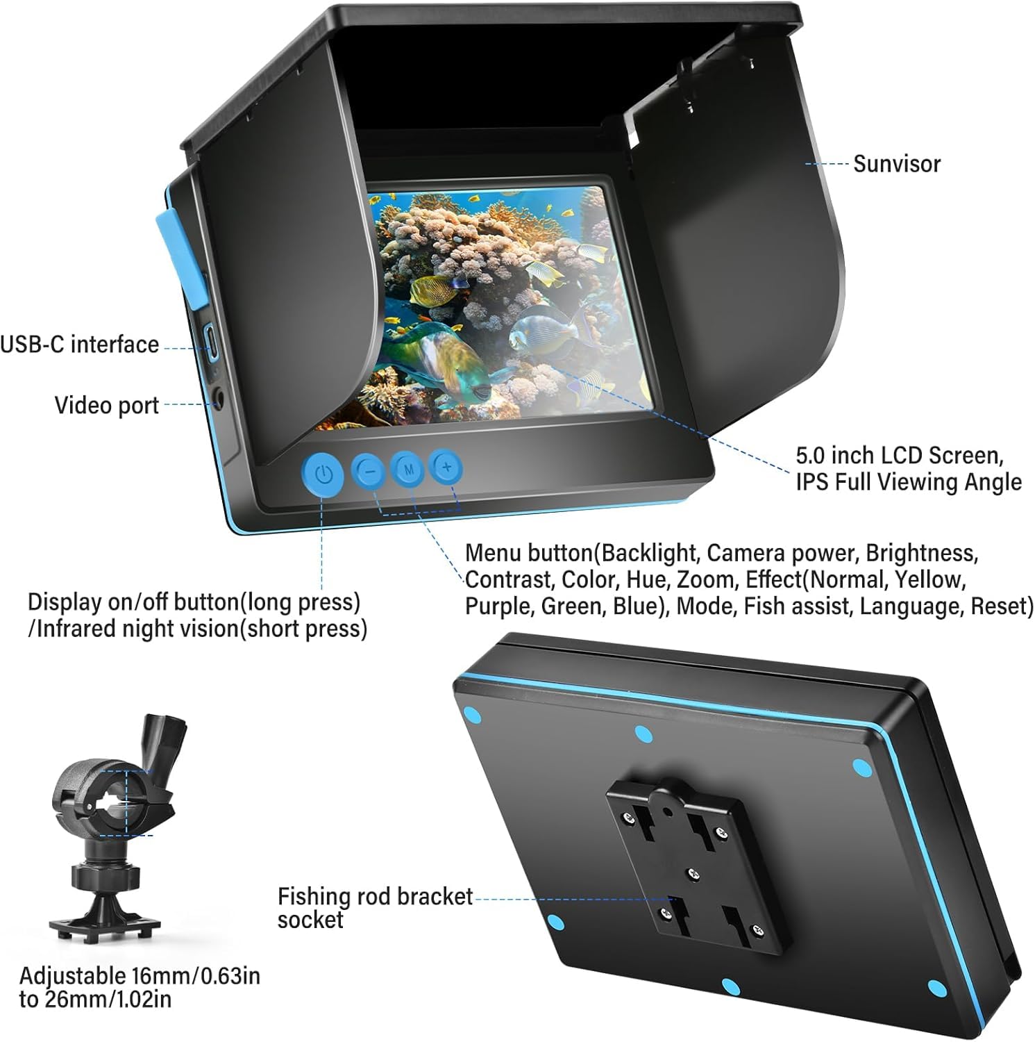 Fishfinder Caméra sous-Marine pour la pêche, Vision Nocturne Infrarouge, Grand Angle, hôte IP65 étanche, avec écran IPS de 5 Pouces pour Glace, rivière et Bateau