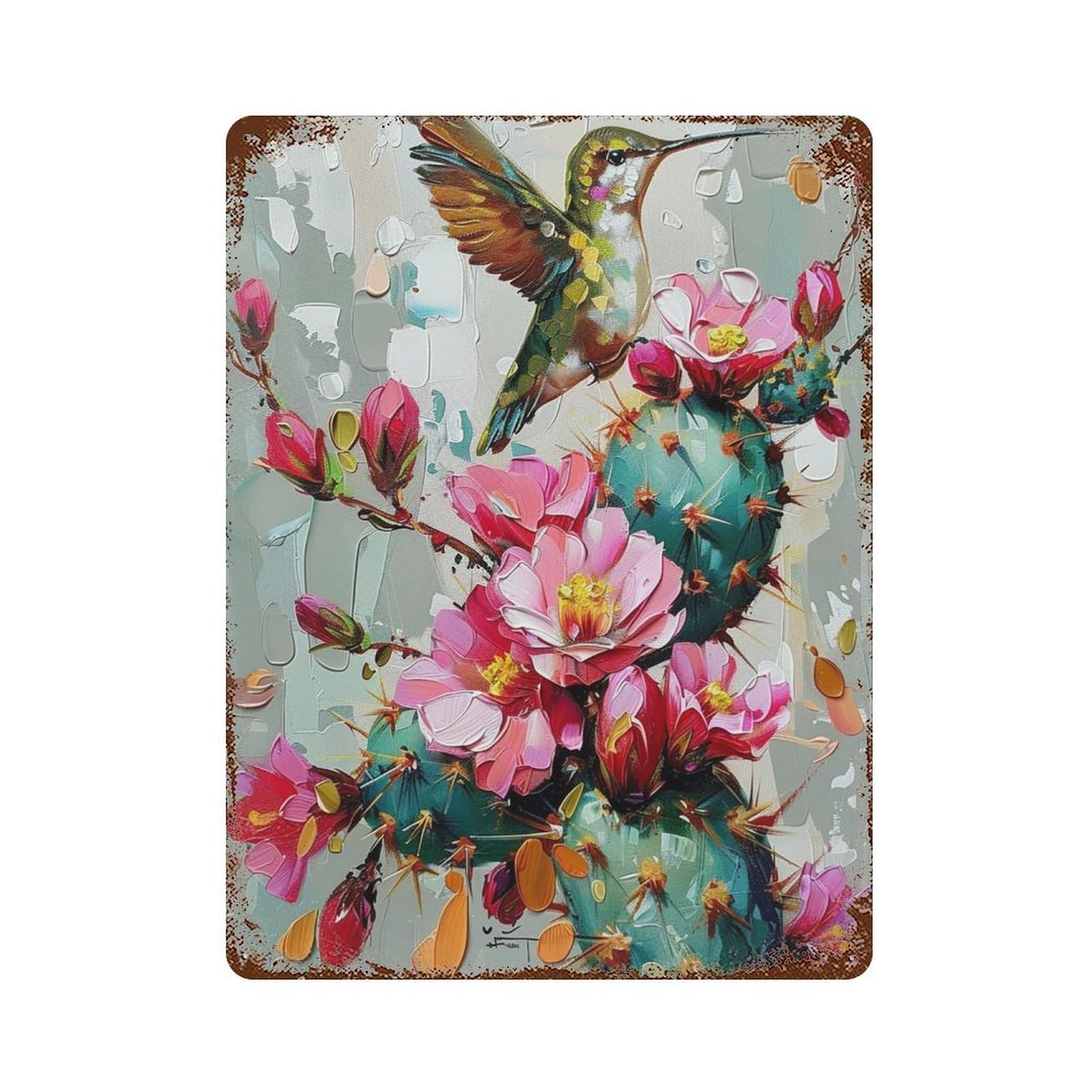 Hummingbird on Cactus with Pink Flowers Rust Effect Tin Sign 15.7"x11.8", Vintage Wall Decor for Pub, Kitchen And Man Cave Decor