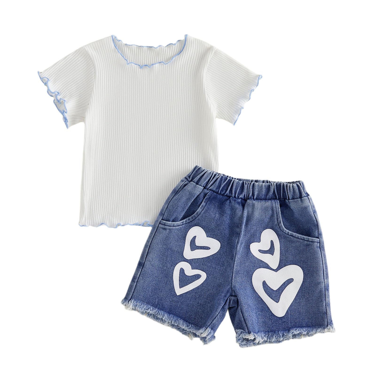 Toddler Girls Outfits Solid Color Crew Neck Short Sleeve Tops T Shirt and Heart Print Elastic Waist Denim Shorts with Pockets 2Pcs Spring Summer Set Baby Girl Clothes
