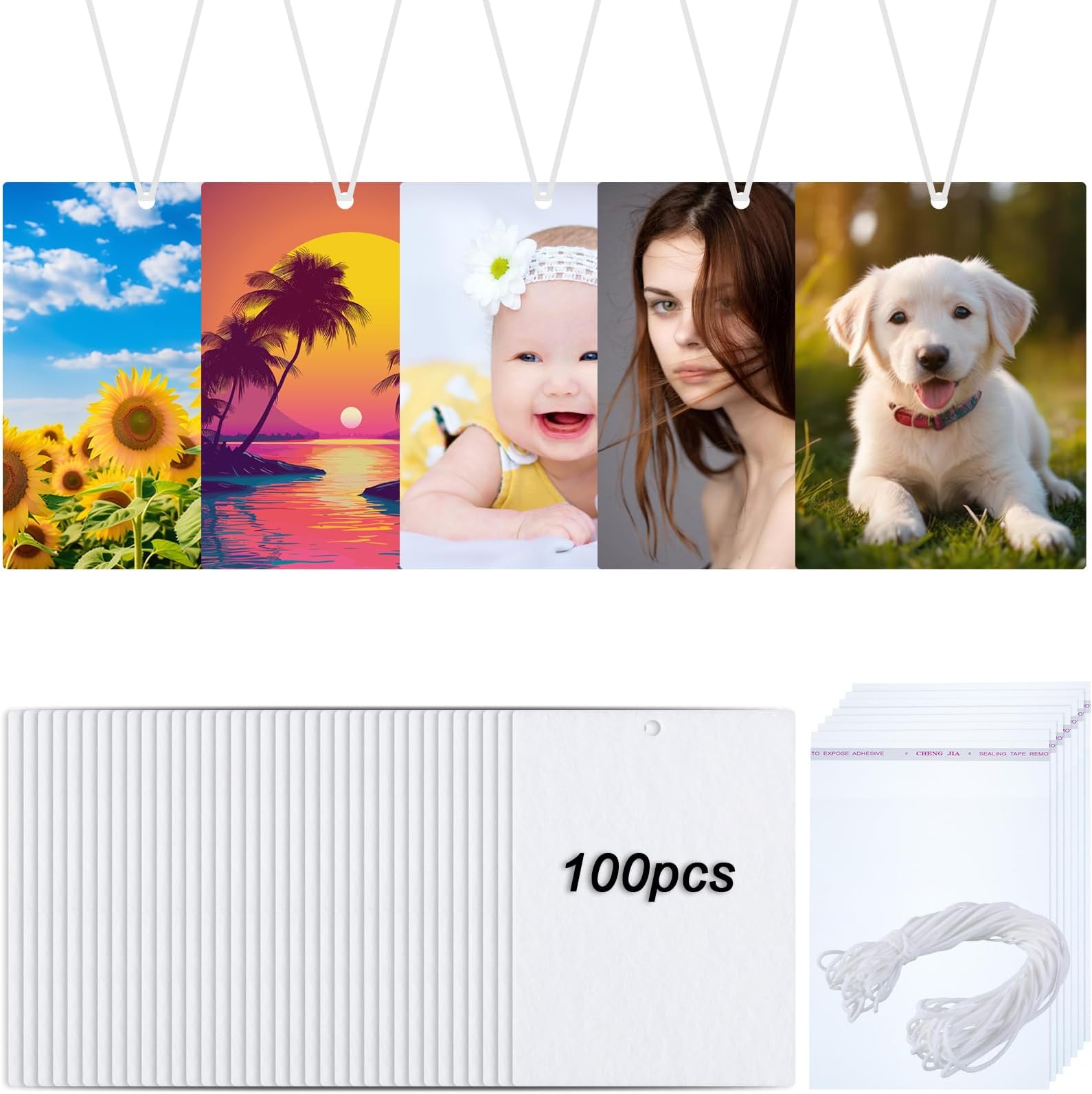 Maitys 100 Pieces Sublimation Air Freshener Sheets – DIY Felt Air Fresheners with Bags & Rope for Car & Home Decoration, Rectangle Fragrant Blanks