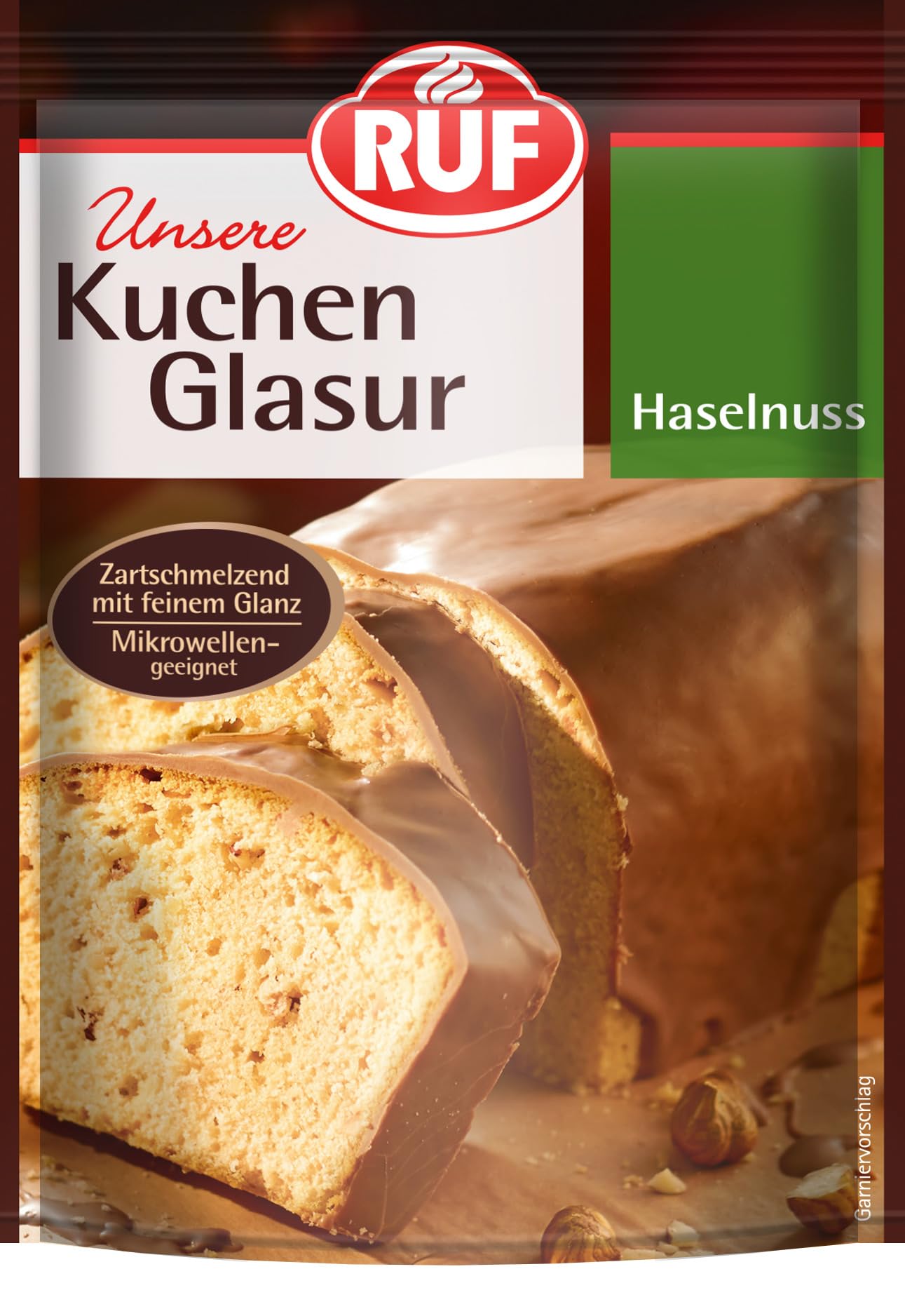 RUF Kuchen-Glasur Haselnuss, 100g im Beutel, mikrowellengeeignet, zum Glasieren von Nuss-Kuchen, Pralinen & Brownies, glutenfrei