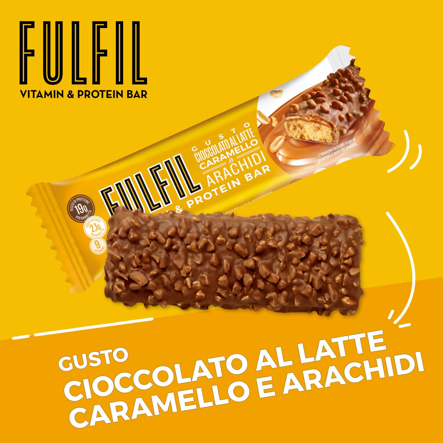 FULFIL - 15 Barrette Proteiche da 55 Grammi, Gusto Cioccolato Caramello e Arachidi con 9 Vitamine e Pochi Zuccheri, Confezione da 825 Grammi