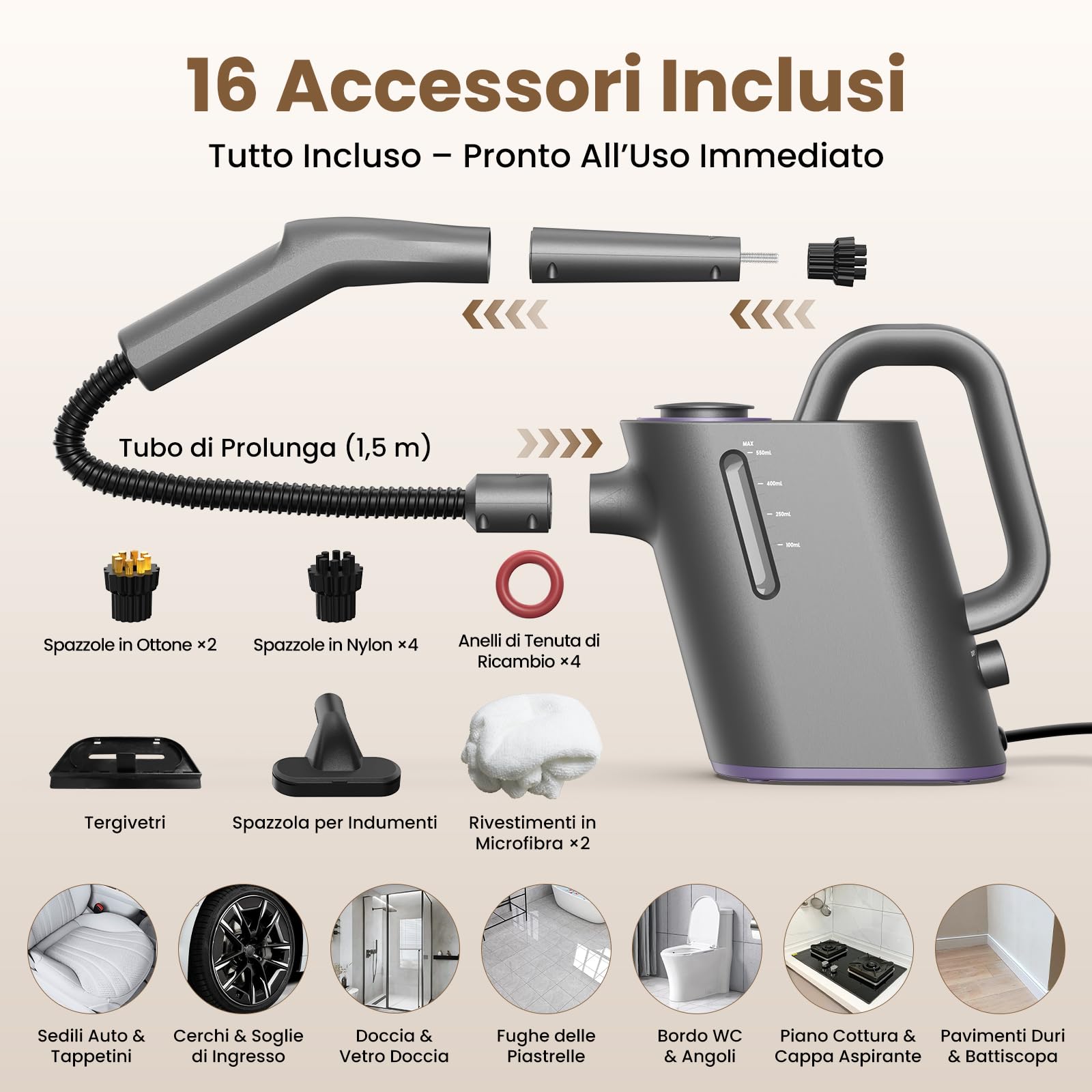 Pulitore a Vapore Portatile 15 Sec di Riscaldamento, 550 ml Serbatoio | con 16 Accessori Per Cucina, Bagno, Giunti, Finestre, Auto e Tappezzeria, Senza Prodotti Chimici,Vapore caldo a 100°C