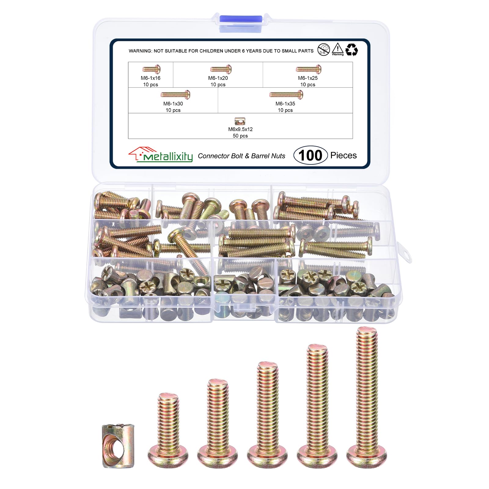 METALLIXITY Connector Bolt Barrel Nuts(M6-1x16/20/25/30/35) 100Pcs, Connector Bolts M8 Screw Barrel Nuts Binding Screws