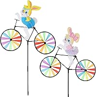 winemana 2 Pack 36.5" Easter Bunny Bicycle Pinwheels - Outdoor Yard Wind Spinners Garden Stakes for Spring Decor