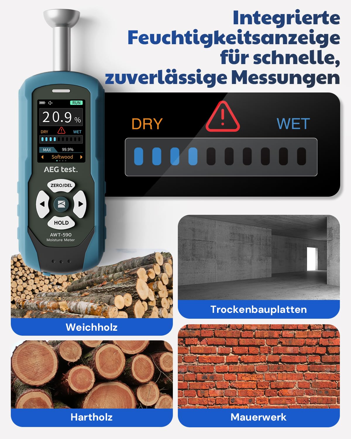 AWT-590 wiederaufladbares Feuchtemessgerät Mauerwerk, Feuchtigkeitsmessgerät Wand, Halbkugel Feuchtigkeitsmesser für Holz, Gipskarton und Ziegel, mit einstellbarem Alarm und Datenaufzeichnung