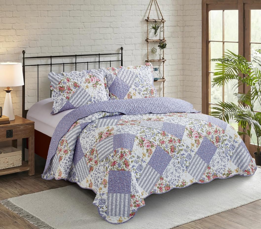 Brilliant Sunshine Rose Violet Patchwork, 3Piece Quilt Set