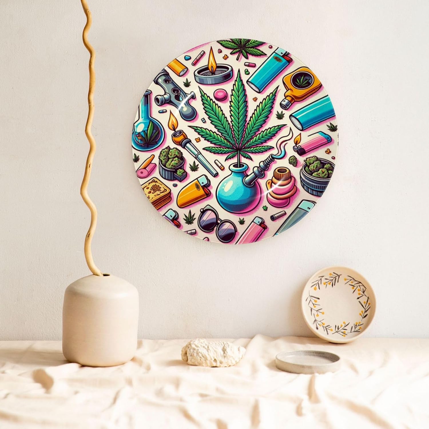 Weed-Leaves-Pots 10 Inch Decorative Plate With Stand, Elegant Display Wall Plate For Home Decor