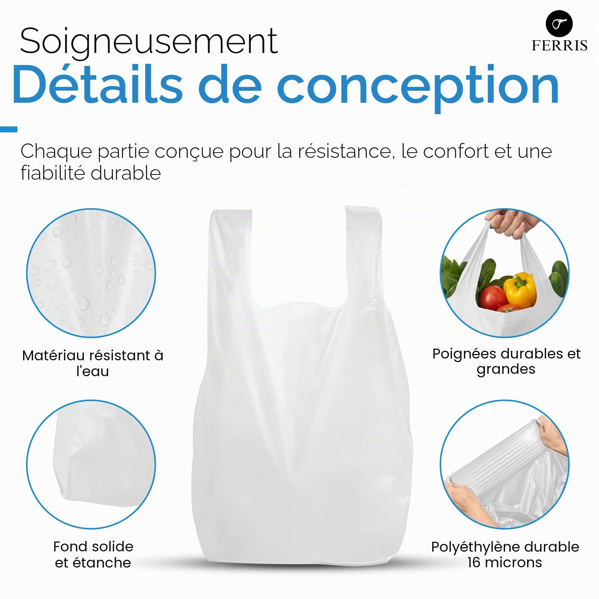 FERRIS Lot de 200 grands sacs de transport solides avec poignées, sacs en plastique multi-usages résistants de 40,5 x 45,8 x 55,8 cm, pour les courses, les étals de marché, les plats à emporter,