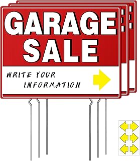 Garage Sale Sign, 17" x 13" Double-Sided With Stakes and Arrow Stickers - Weather-Proof (3 Pack)