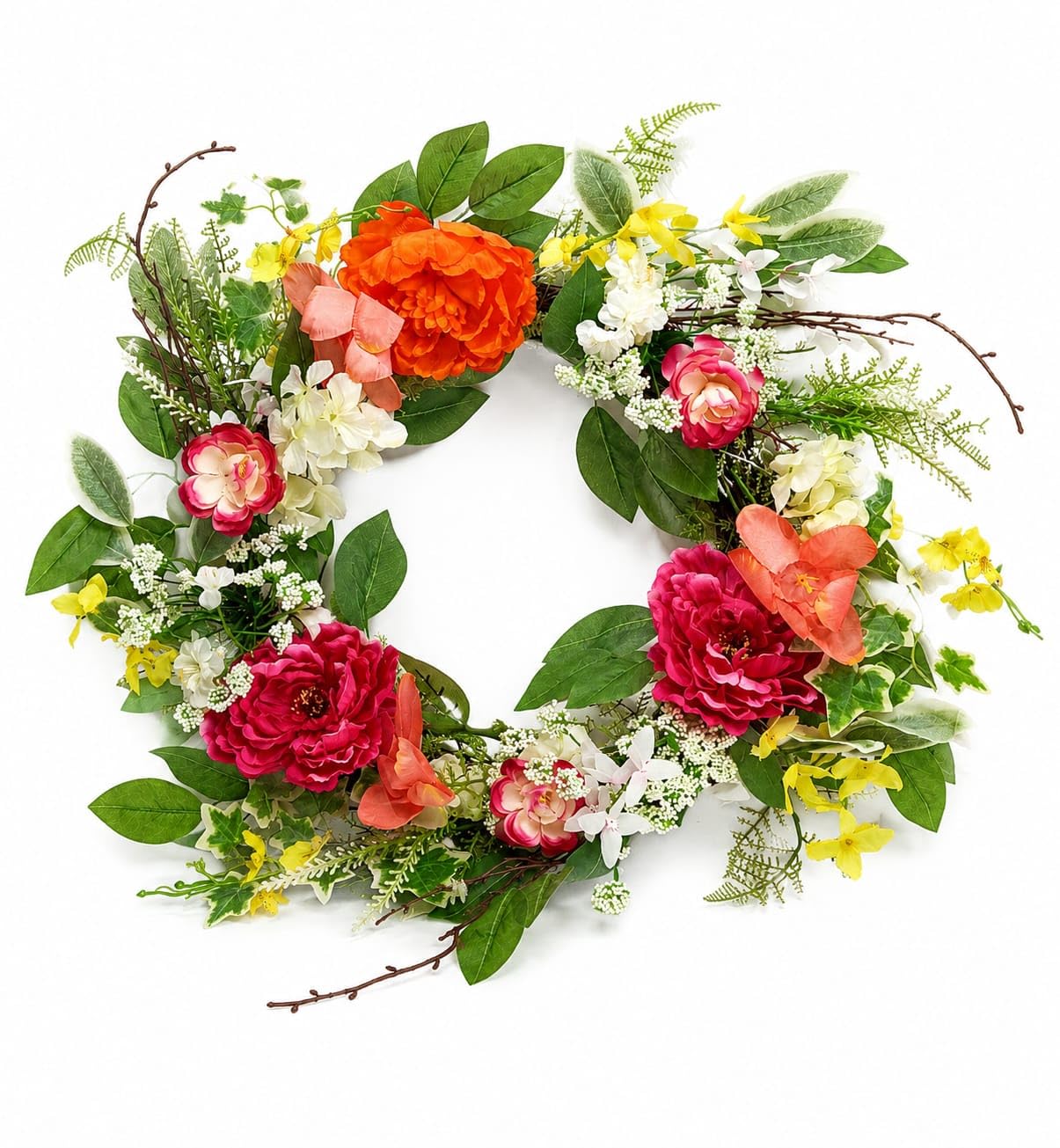 Artificial Peony Floral Wreath, 2 Foot, Multicolour with Realistic Look | Spring & Summer Decor, Mixed Blooms, Faux Greenery, Front Door Wreath, Twig Base-image-15