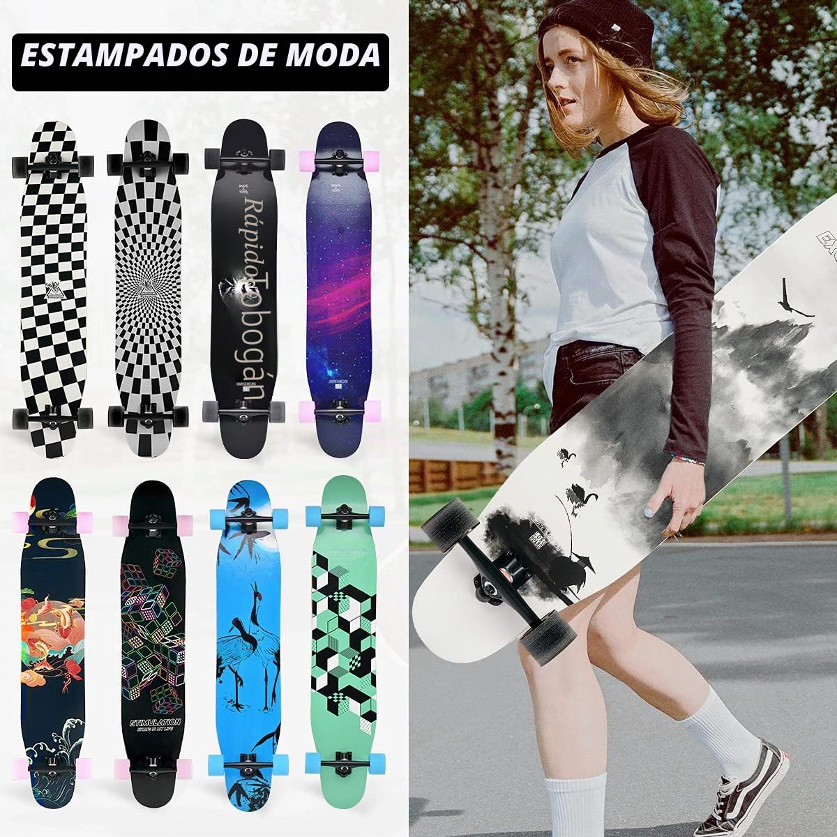 Longboard Skateboard Adulto,117x23 cm Monopatin Long Arce de 8 Capas con Rodamientos ABEC-11, Ruedas con Luz LED,Completo Longboard Cruiser Apto para Principiantes
