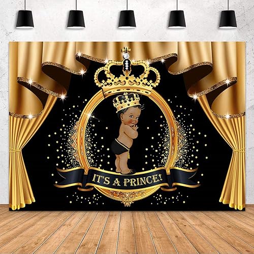 MEHOFOND It's A Prince Baby Shower Party Decoration Backdrop for Boy Black Gold Crown Curtain Diamond Royal Prince Photography Background Studio Photo Props Vinyl 7x5ft