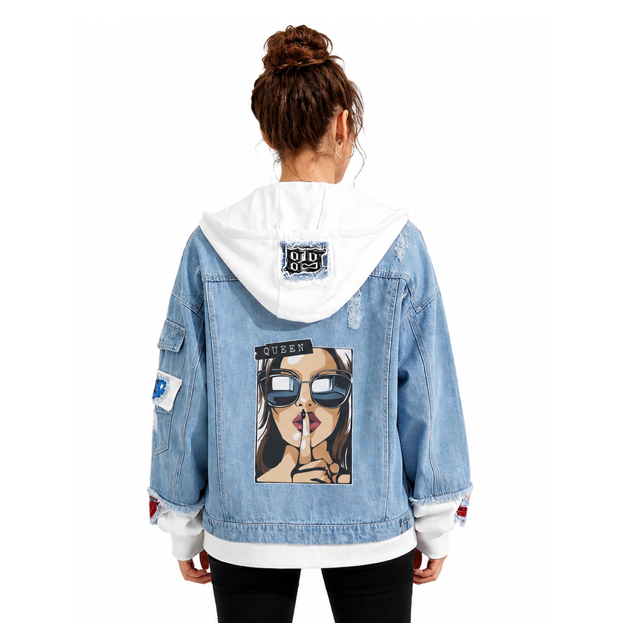 Damen Denim Kapuzenjacke Blaue Jeansjacke Y2K Mode Hoodie für Teenager