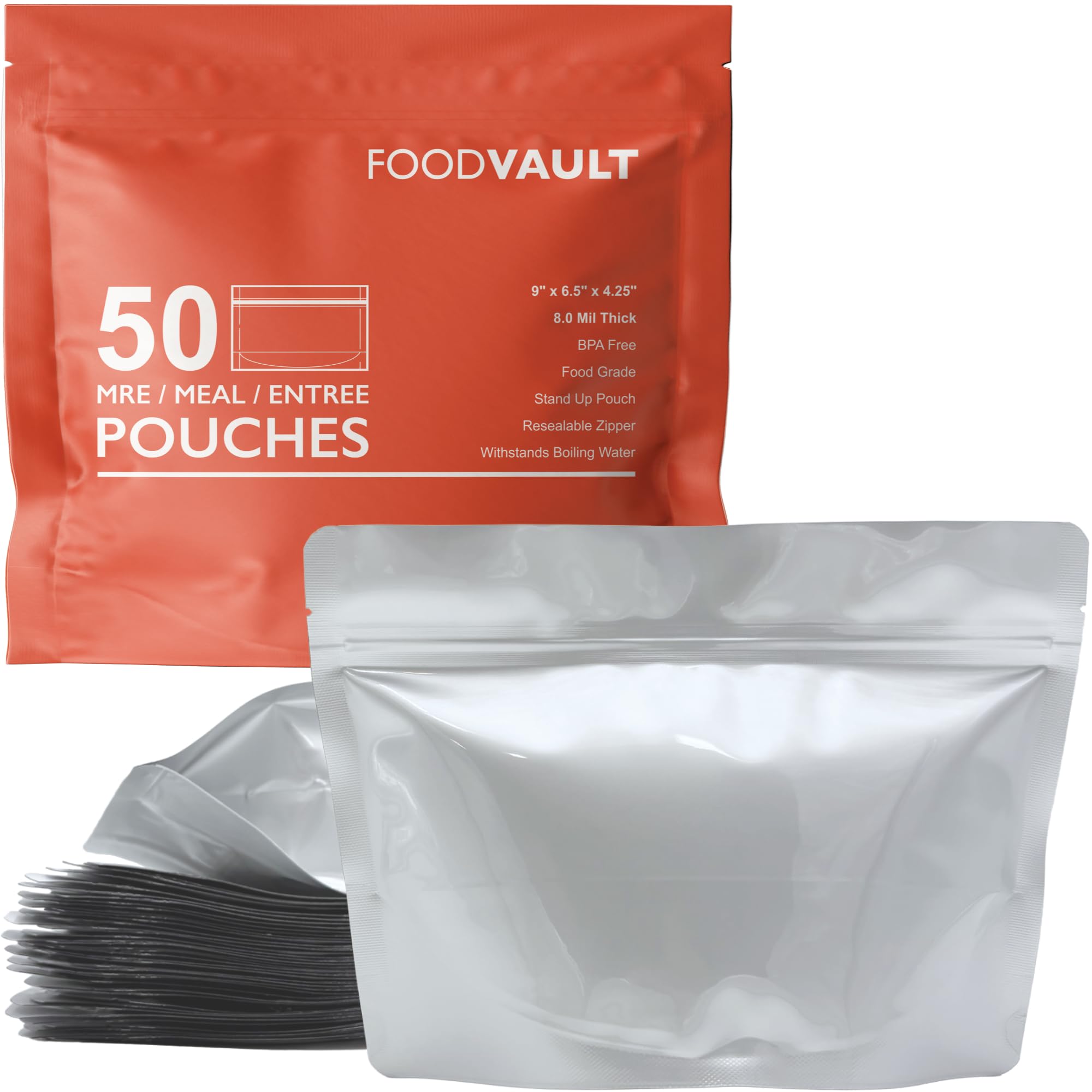 Paquete de 50 bolsas de Mylar MRE [8 mil por lado, 9 x 6.5 x 4.25 pulgadas], bolsas con cremallera de pie perfectas para liofilizar, mochileros y almacenamiento de alimentos a largo plazo