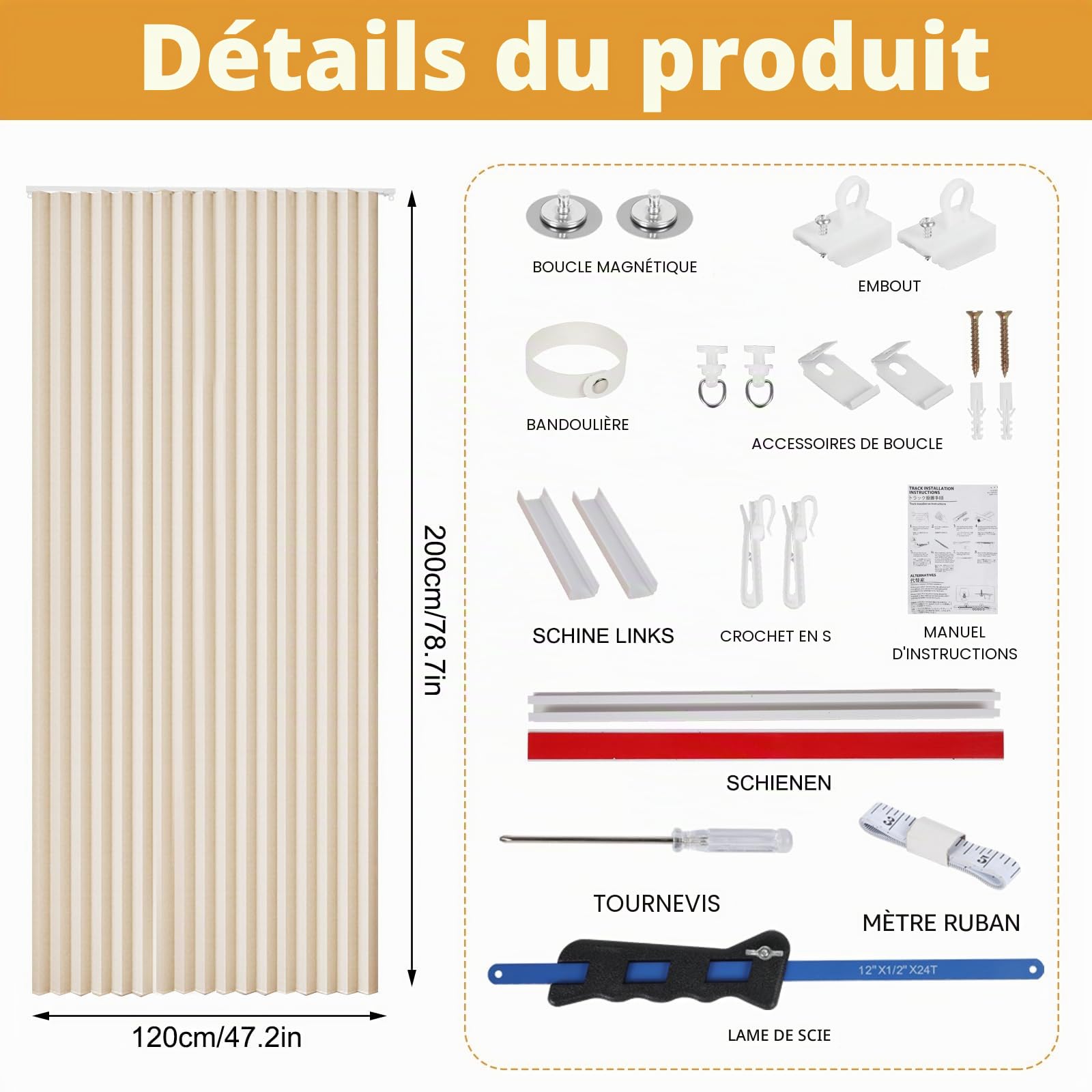 Rideau de porte magnétique - 120 x 200 cm - Pliable - Occultant - Porte intérieure pliante - Sans perçage - Avec rail adhésif - Crochets - Pour armoires, salle de bain, chambre à coucher, salon
