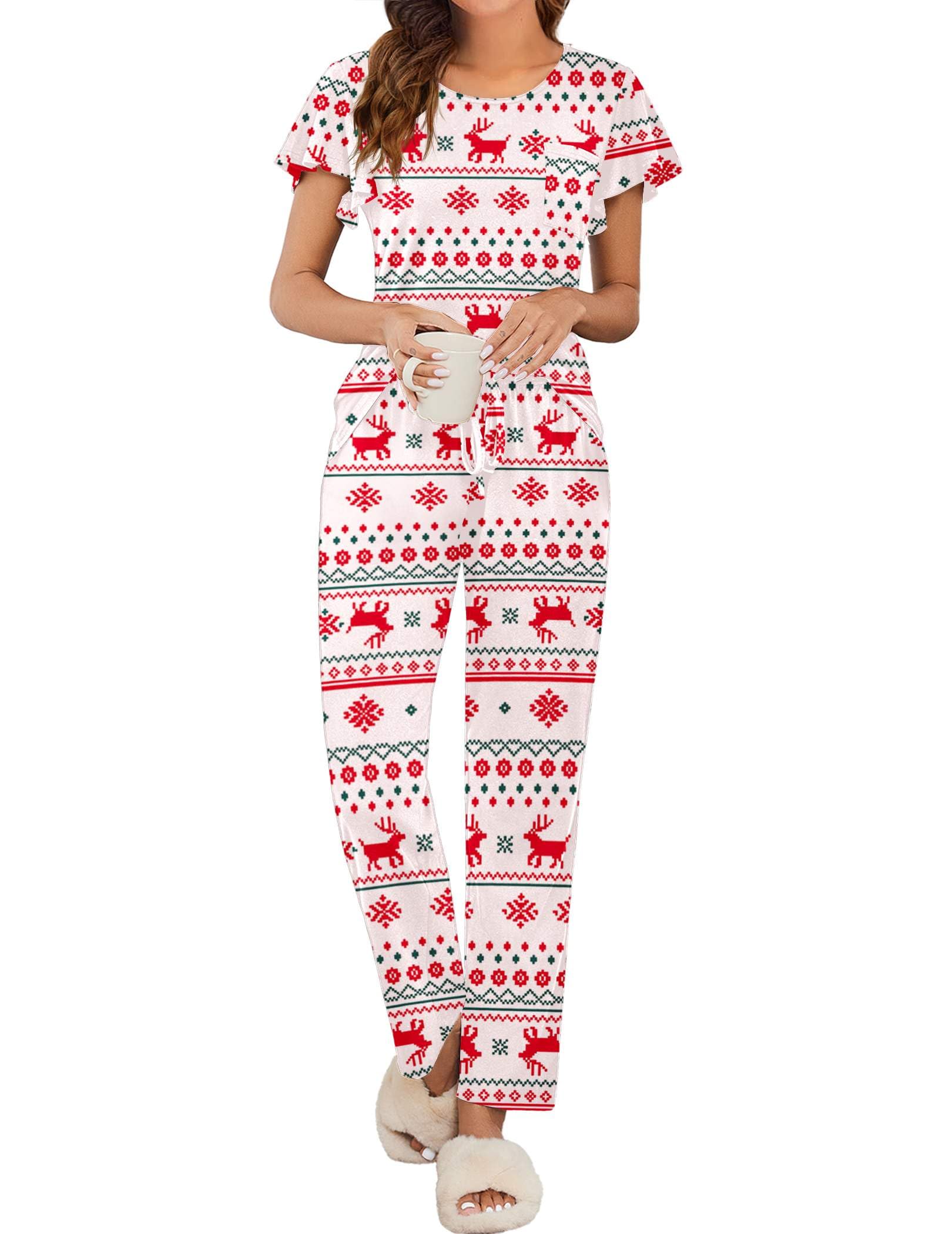 Ekouaer Pajamas for Women Set 2 Piece Comfy Loungewear, Lightweight Pjs Sleepwear, Short Sleeve Top &amp; Long Pants with Pockets
