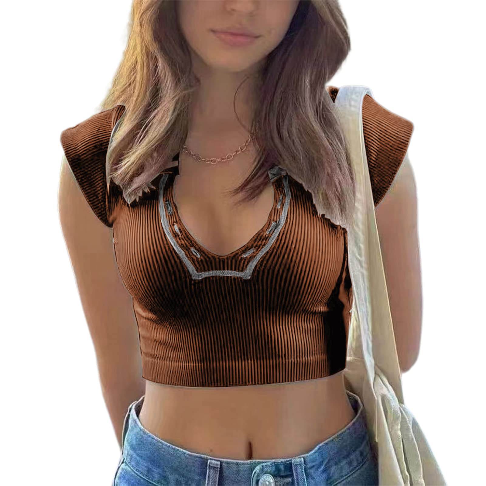 Women Vintage Knit Ribbed Crop Top V Neck Long Sleeve E Girl 90s Tees Shirt Streetwear Grunge Crop Tops for Teen Girls