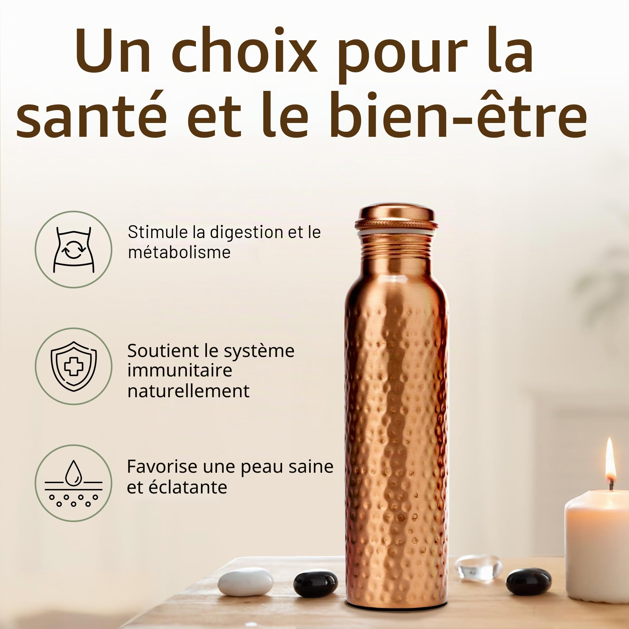Bouteille d’Eau en Cuivre Pur Martelé à la Main 950 ml – Bouteille Ayurvédique Étanche pour le Sport Grande Gourde Sans BPA pour Yoga, Sac en Toile avec Poche & Brosse