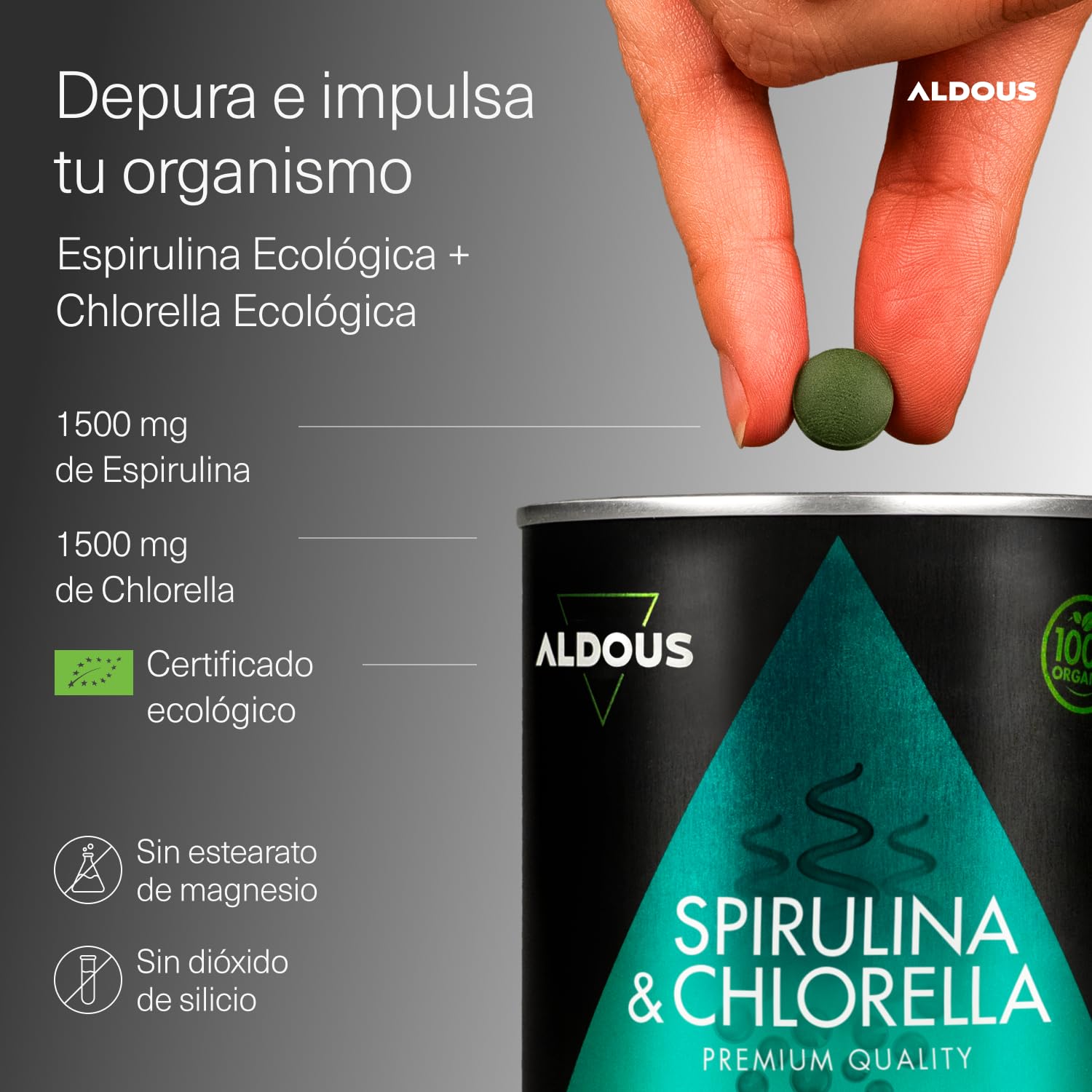 600 Comprimidos Chlorella y Espirulina Ecológica para 100 días - 3000mg por dosis diaria - Vegano - Saciante - DETOX - Proteína Vegana - Sin Aditivos - Certificación Ecológica Oficial - ALDOUS