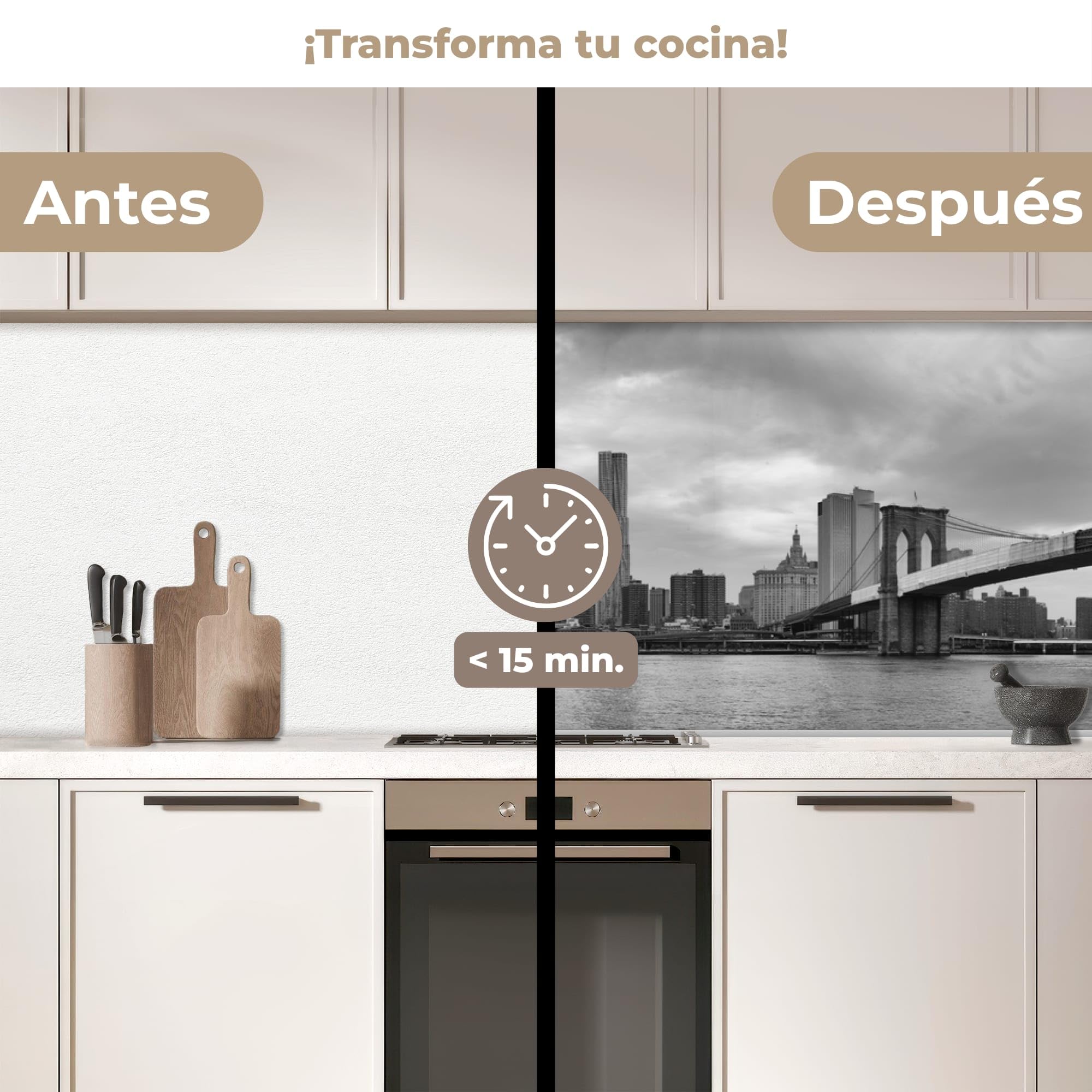 KitchenYeah© Antisalpicaduras Cocina 80x300 cm Adhesivo Salpicadero Protector Pared Salpicaduras Revestimiento Skyline - Puente - Edificios - Incoloro