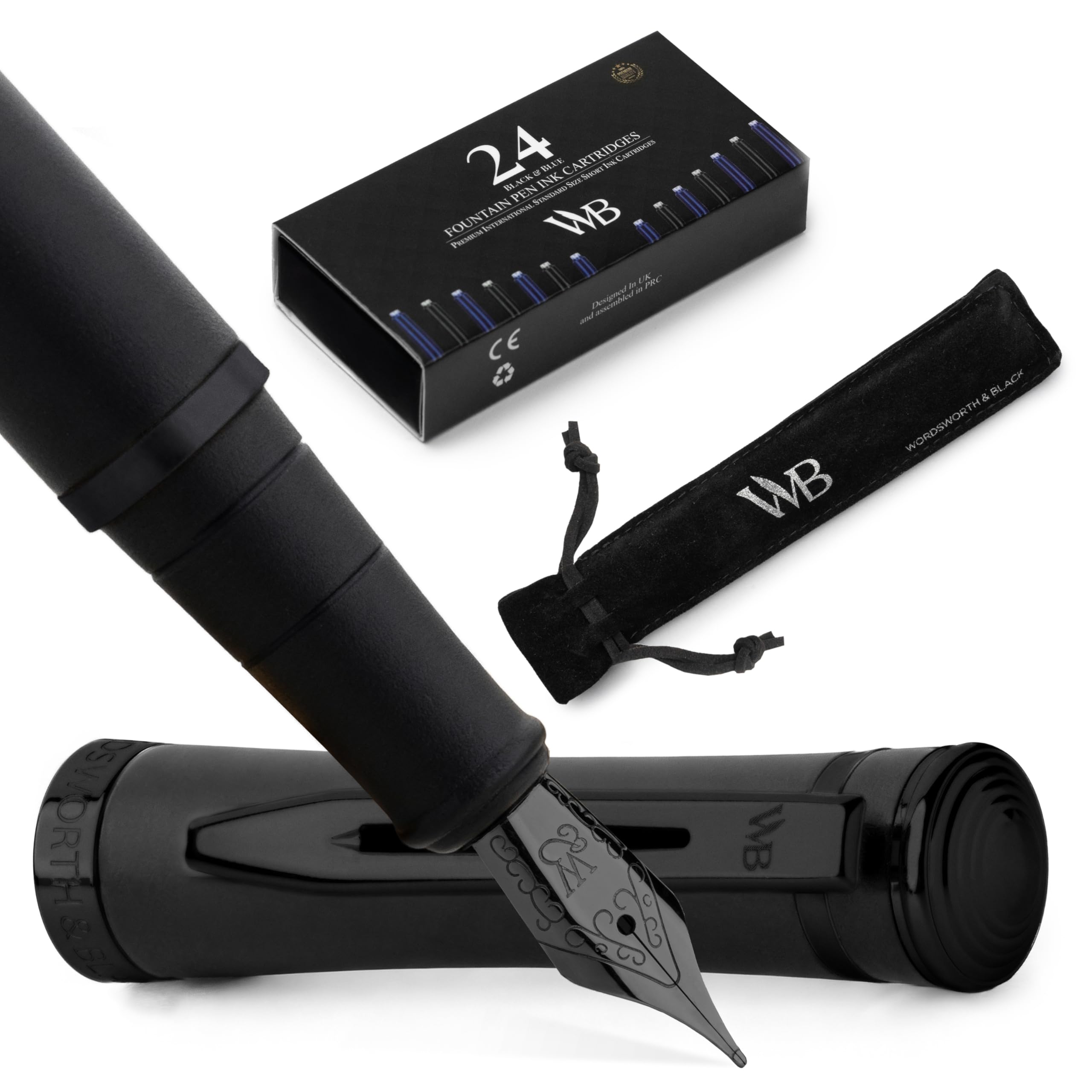 Wordsworth & Black Fountain Pen Set, 18K Gilded Medium Nib, Includes 24 Pack Ink Cartridges, A Refill Converter & Gift Pouch, Calligraphy, [All Black], Perfect for Men & Women