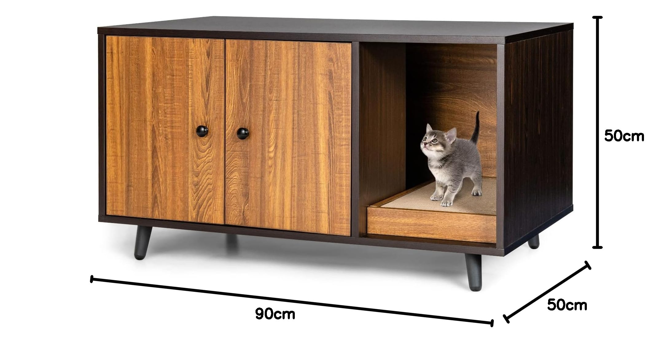 FANTASK Casetta laterale 2 in 1, tavolo e armadietto per gatti con 2 ante, tavolino da caffè e lettiera per gatti, in legno, con design impermeabile, buona circolazione dell'aria, 90 x 50 x 50 cm