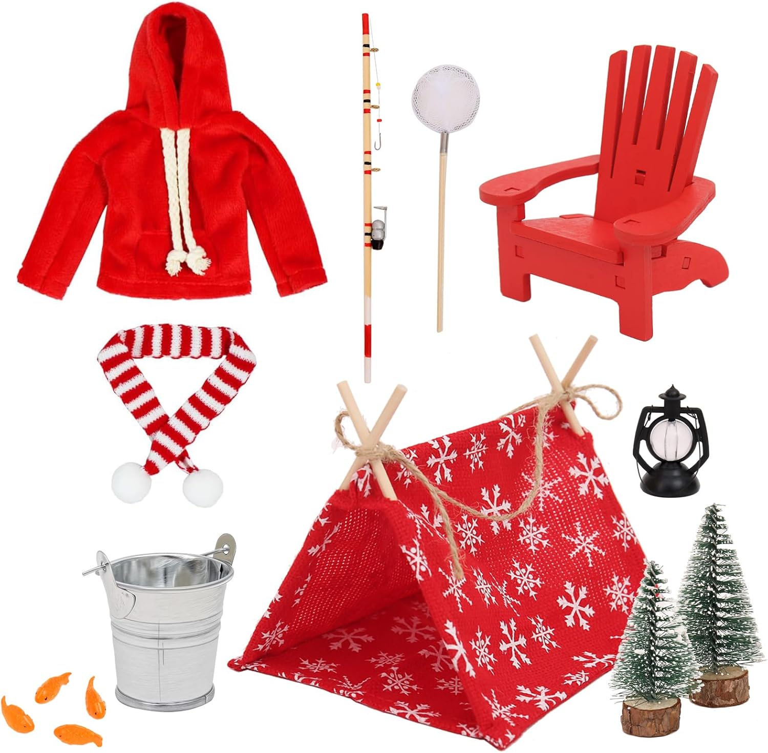 Christmas Elf Doll Accessories Set - 11Pcs Elf Doll Fishing Accessories Include Fishing Outfit Camping Accessories for Elf Dollhouse,Xmas Elf Clothes and Toy Accessories Elf-fishing