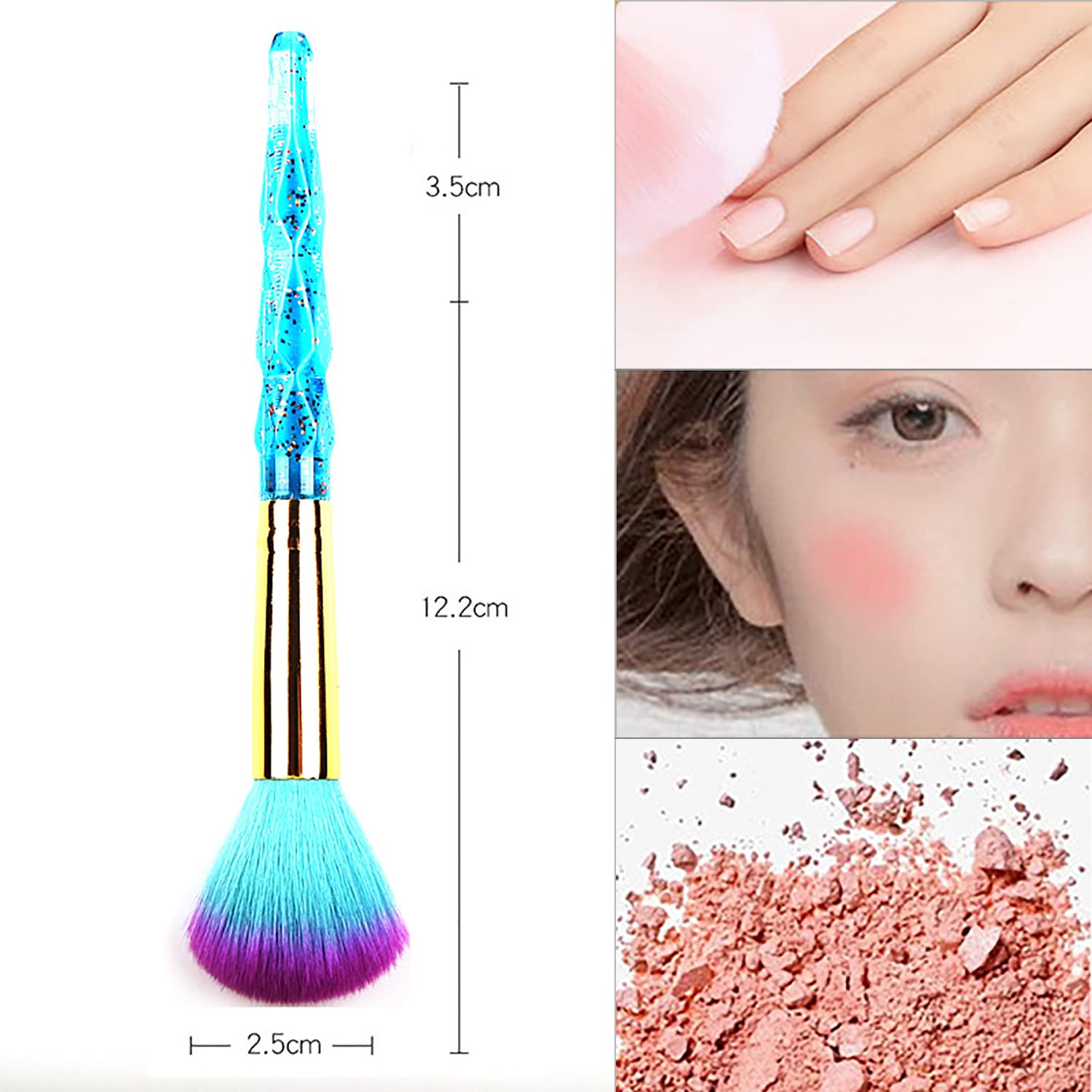 Lot de 3 pinceaux pour nail art - Pinceaux de dépoussiérage doux pour ongles acryliques - Pinceaux de maquillage en poudre - Outils de nettoyage des ongles (rose/bleu/rouge)