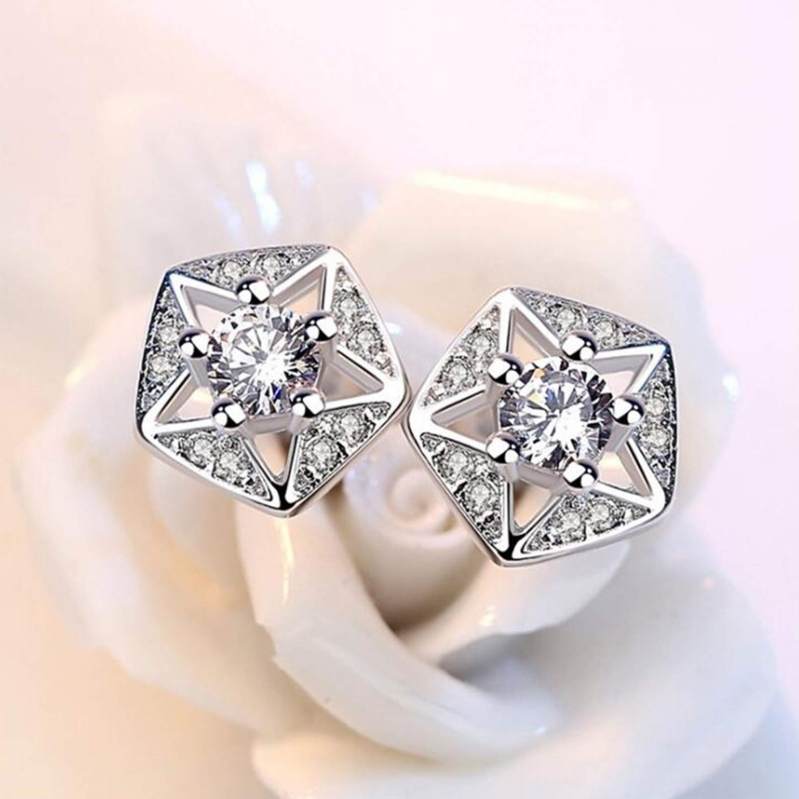 Jewelry Orecchini in Argento, Gioielli in Argento Sterling 925 Orecchini a Bottone Vuoti con Fiore Tondo Rotondo con zirconi cubici Jewelry for Girls