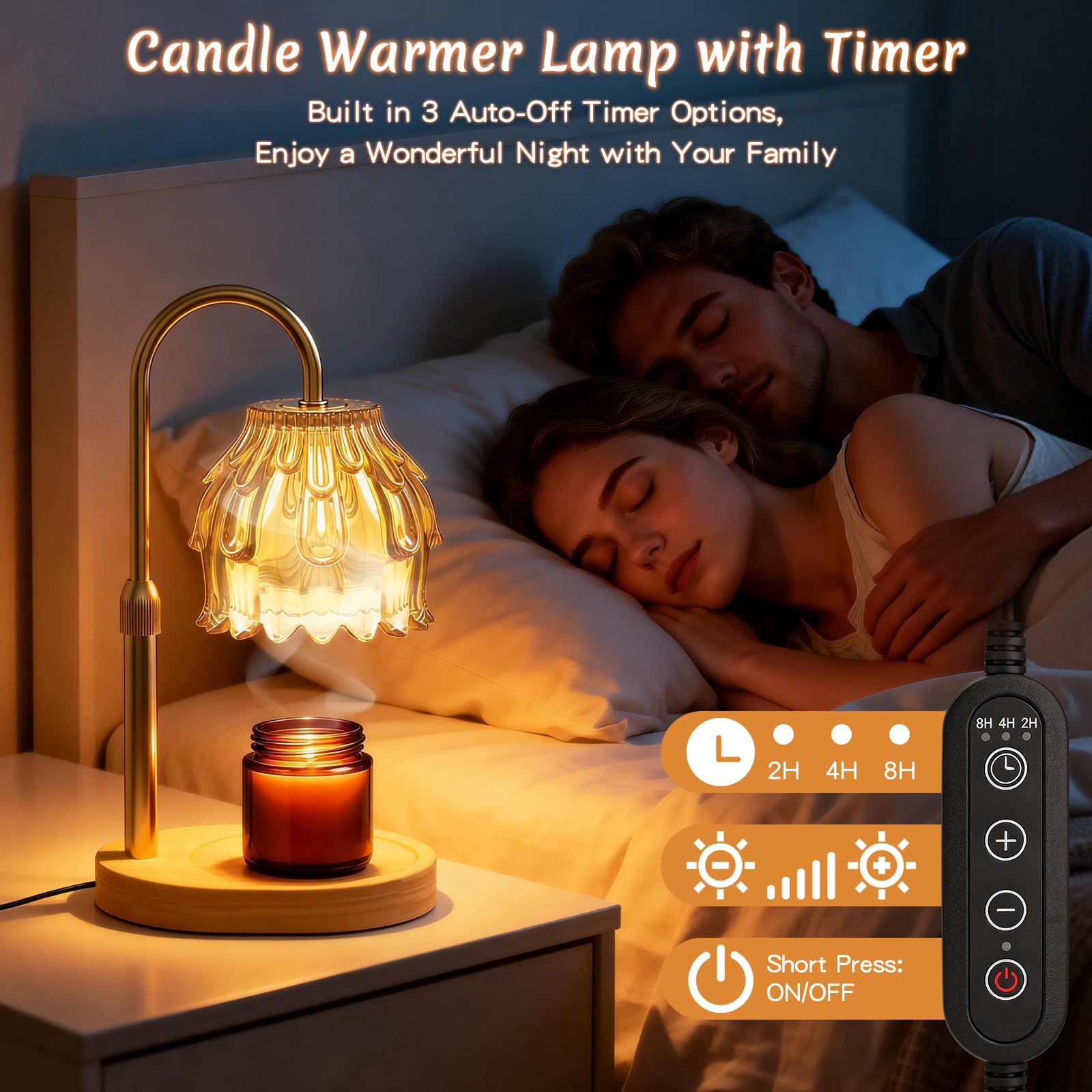 Lámpara Calentadora de Velas, Candle Warmer Lamp con Temporizador y Atenuador, Lámpara Calienta Velas Eléctrico con 2 Bombillas, Vela Lampara Perfumada Altura Ajustable para Hogar Decoración(Ambar)