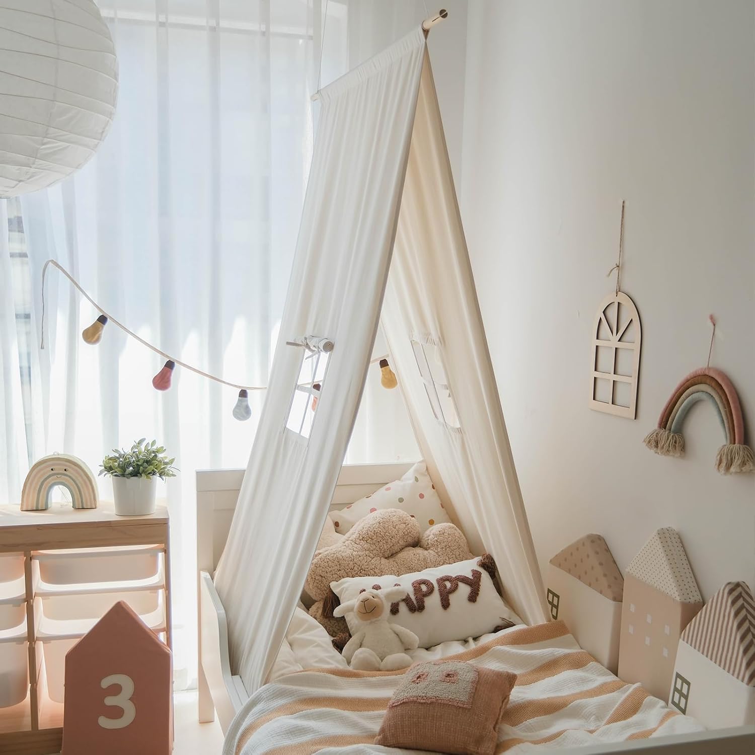 Kids Canopy Bed Tent - Cotton Canvas Hanging Canopy Bed Curtains, Bedroom Decor, Bed Canopy for Girls/Boy, Crib Canopy,Boho Nursery Accent,White.