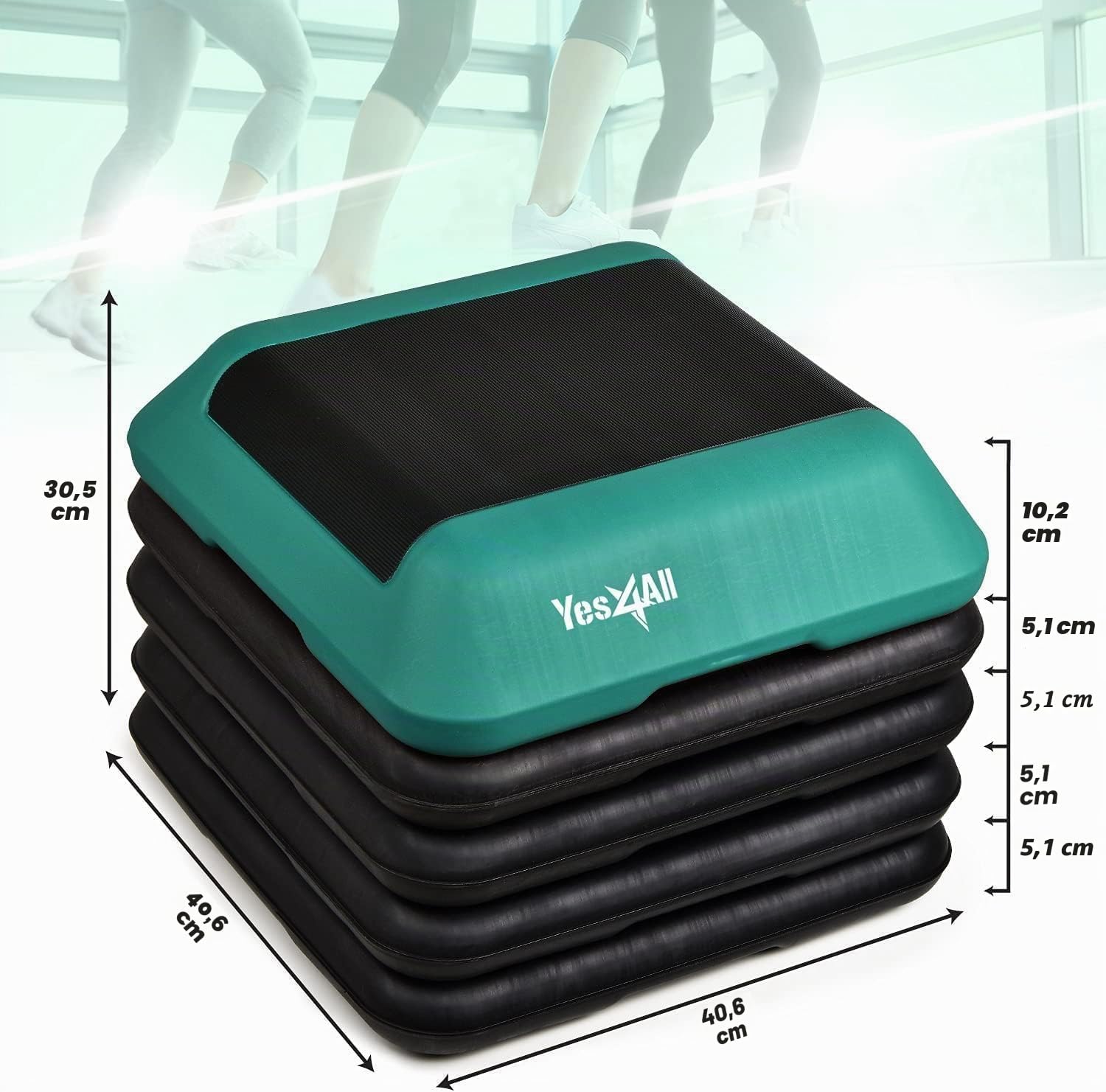 Yes4All 40,6 x 40,6 cm verstellbare Aerobic-Plattform mit 4 Erhöhungen, höhenverstellbar, 10,2 cm - 15,2-20,3 cm, 25,4 cm - 30,5 cm, Aerobic-Plattform für Zuhause, Fitnessstudio, Fitness, Workout