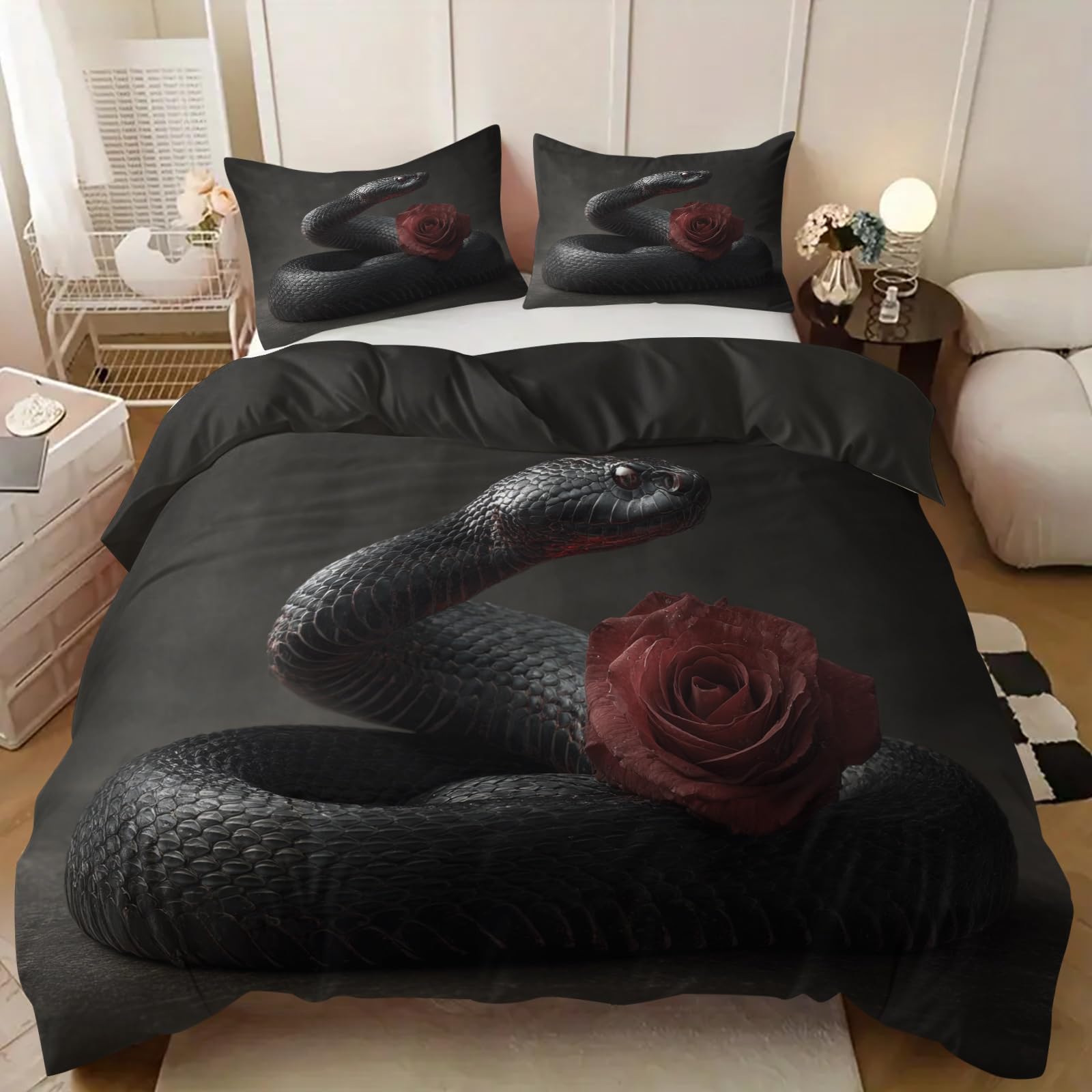 Parure de lit serpent noir 155x220 et fleur rose pour transformer votre chambre en un sanctuaire