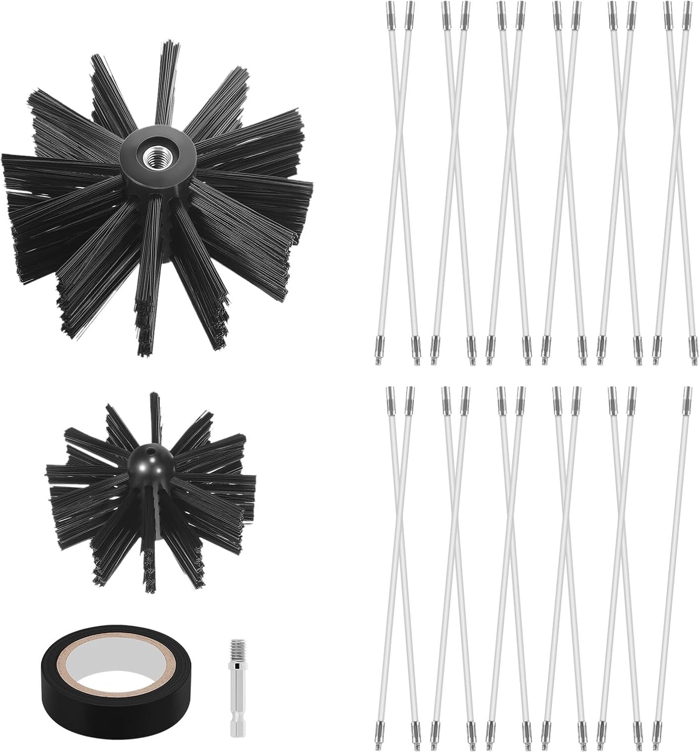 minkissy Professional Chimney Cleaning Brush and Rod Set 30ft with 4” 6” Brush Heads, Hexagonal Connector, and 10m Tape for Fireplace and Dryer Vent Sweep Maintenance